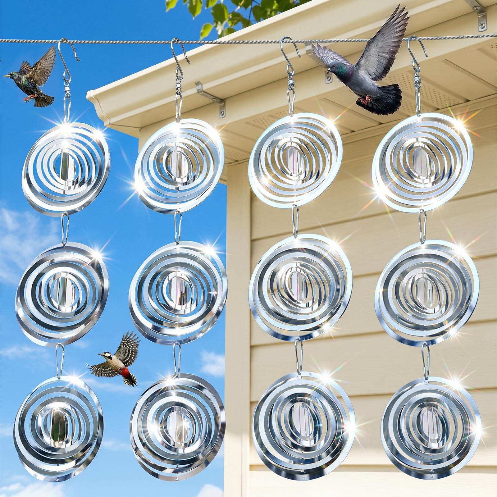 2026 Upgraded Bird Deterrents for Outside, 12 Pack 3D Stainless Steel Wind Spinners Outdoor Decor, Reflectors Bird Scare Devices to Keep Woodpeckers, Pigeons Away from Your Garden, House, Patio
