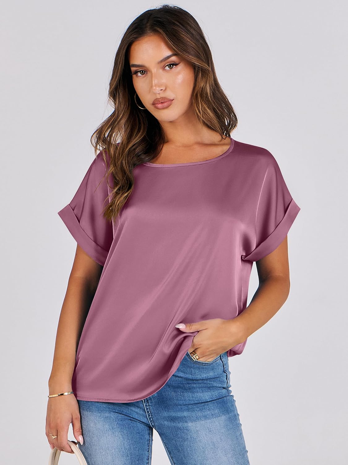 ANRABESS Women's Summer Dressy Casual Short Sleeve Shirts Crewneck Satin 2026 Business Office Work Blouse Tops - Image 8