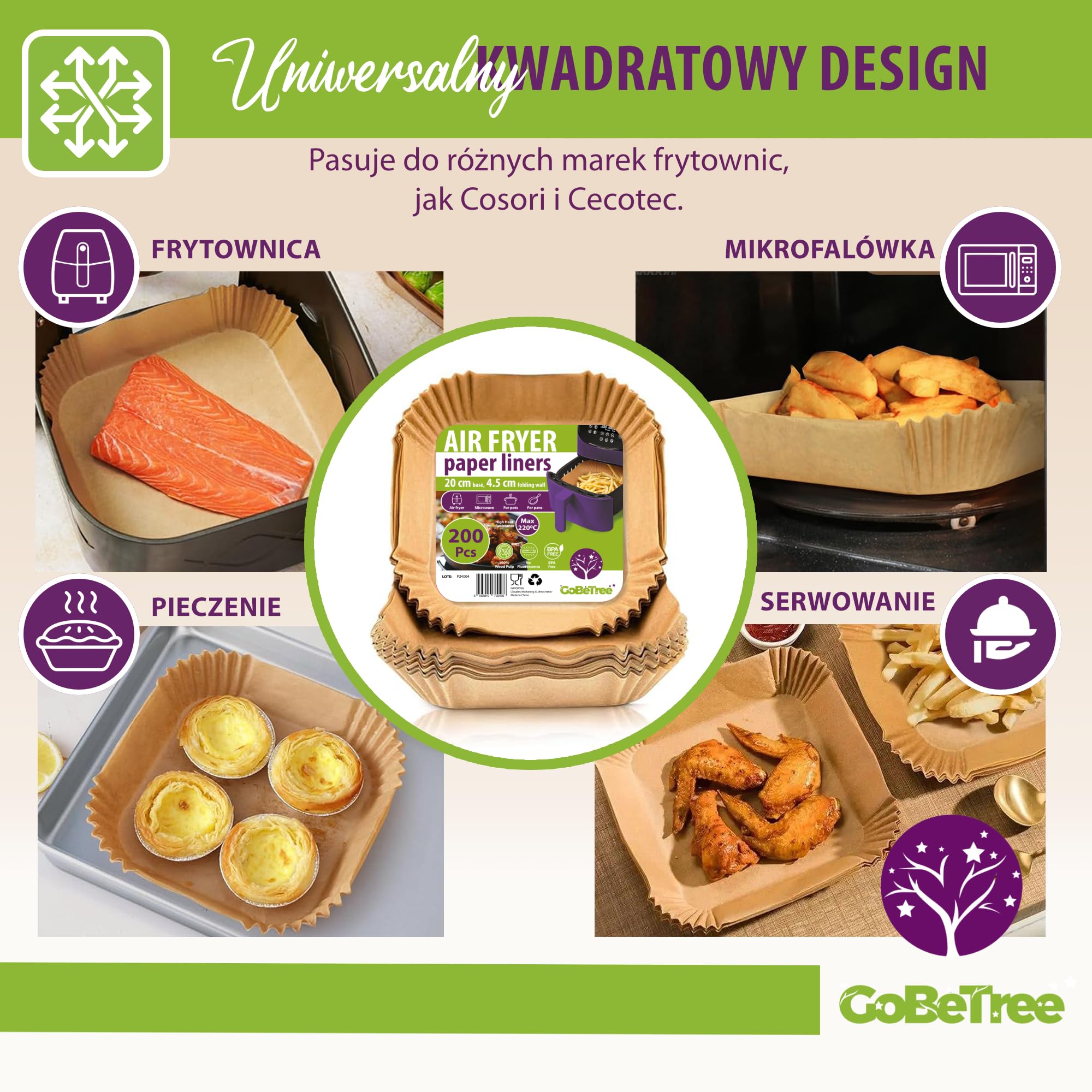 GoBeTree 200 Papier Do Frytkownicy Beztłuszczowej Kwadratowy 20-24,5 cm. Nieprzywierający Air Fryer Papier Cosori 5,5L 6L Cecotec Philips Ninja Bez BPA Perforowany Jednorazowy Do Piekarnika