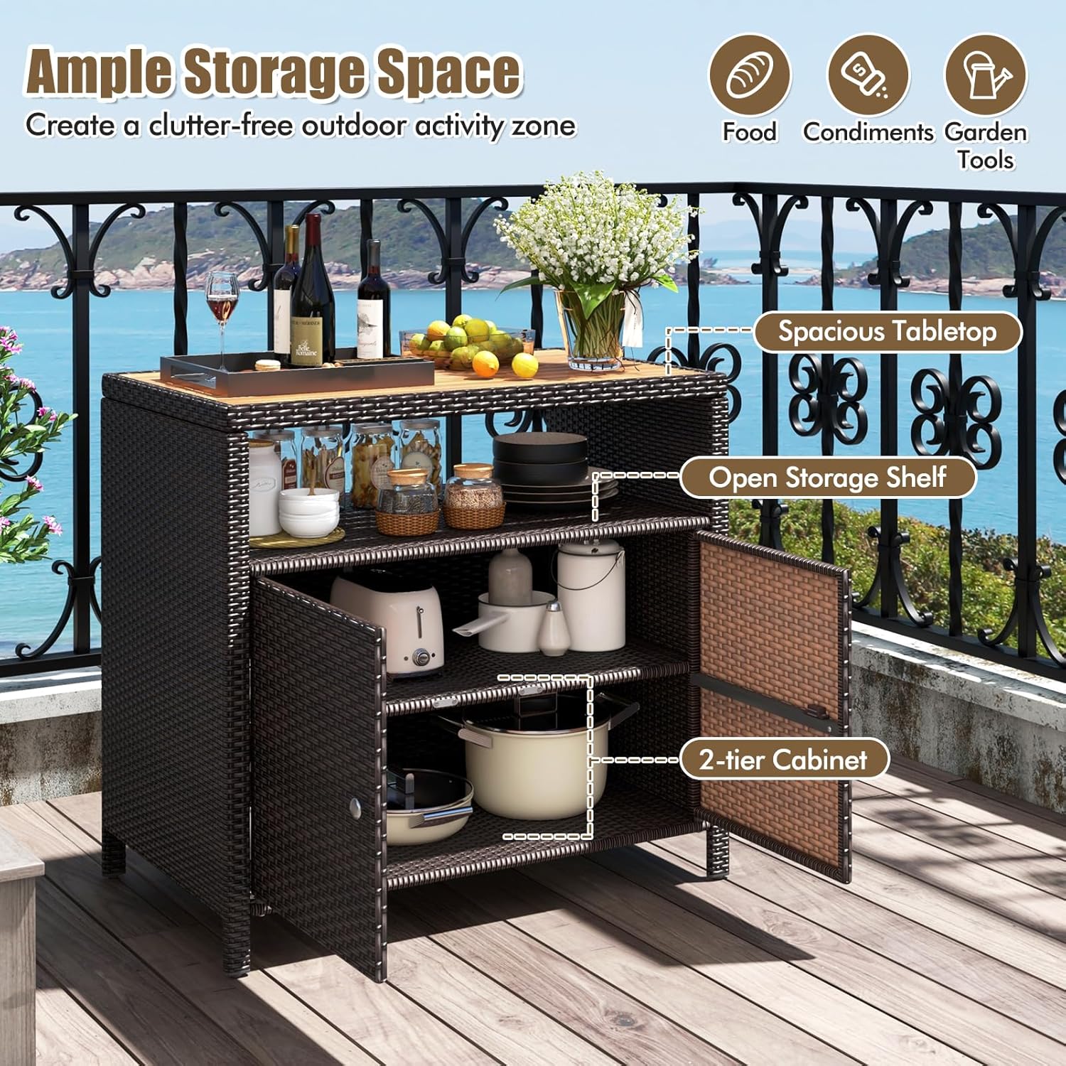 HAPPYGRILL Rattan Storage Cabinet, Patio Sideboard Buffet Cabinet with Acacia Wood Countertop, Open Shelf & 2 Door Cabinet, Wicker Storage Organizer for Garden Tools (Mixed Brown)