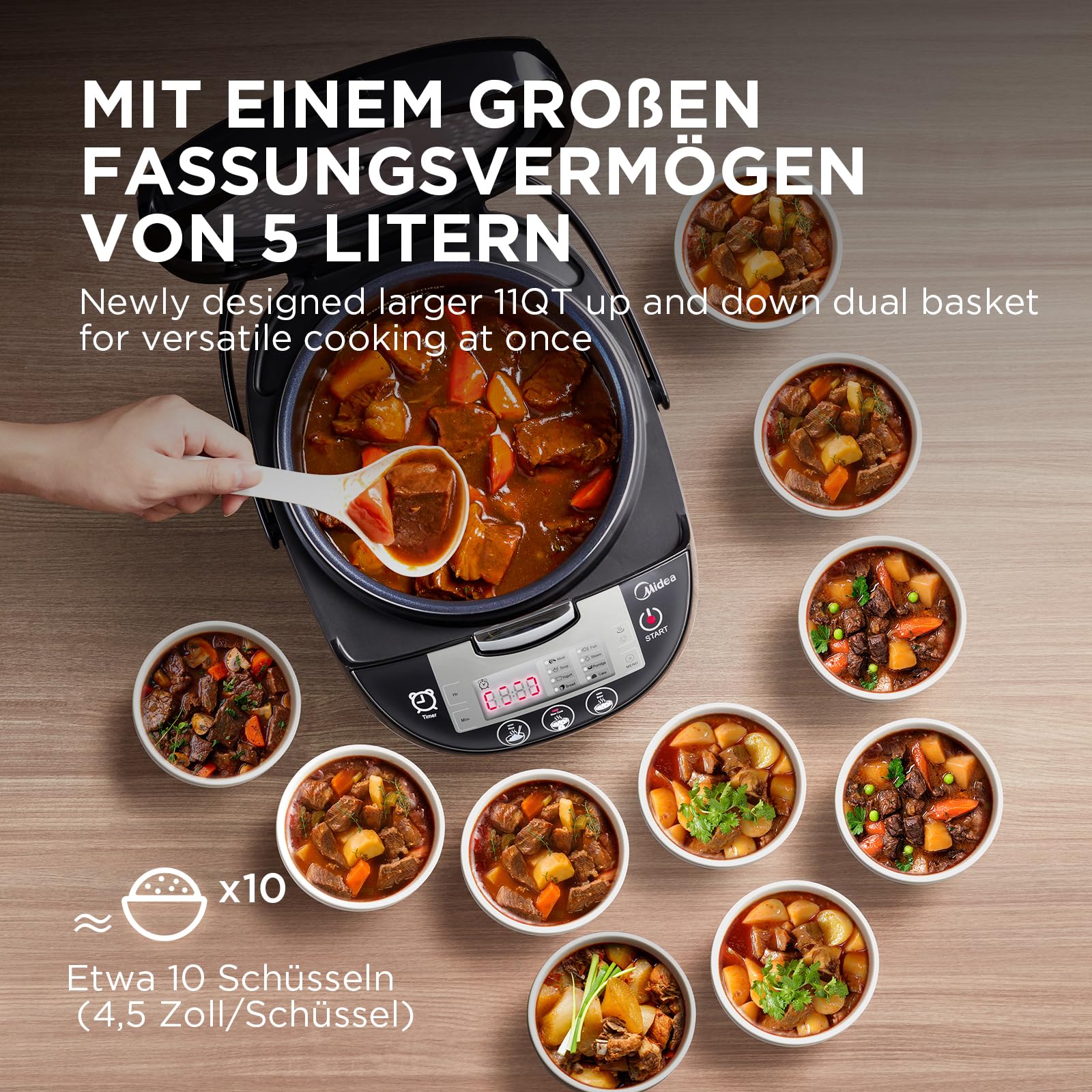 Midea Reiskocher, Multikocher mit 11 Programme, Rice Cooker 5 L für 2-10 Personen, Slow Cooker & Dampfgarer mit 24h Warmhaltefunktion, Timer, inkl. Dämpfeinsatz, Löffel & Messbecher, Schwarz & Silver