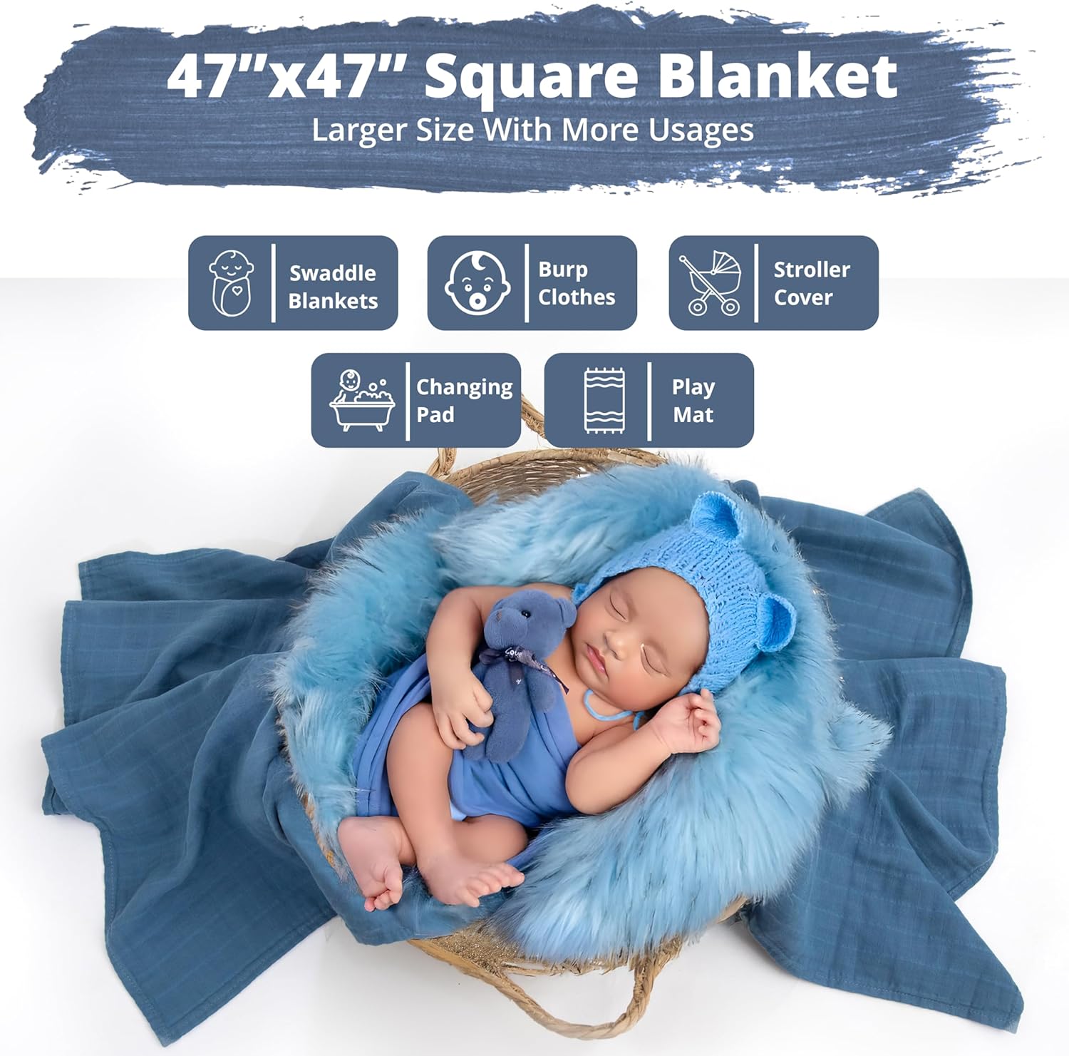 Organic Muslin Swaddle Blankets, 100% Organic Cotton, Baby Wrap for Boys and Girls, Soft Breathable and Skin-Friendly, Newborn Blankets, Baby Essentials, Registry&Gift, 3-Pack, Large 47 x 47 inches