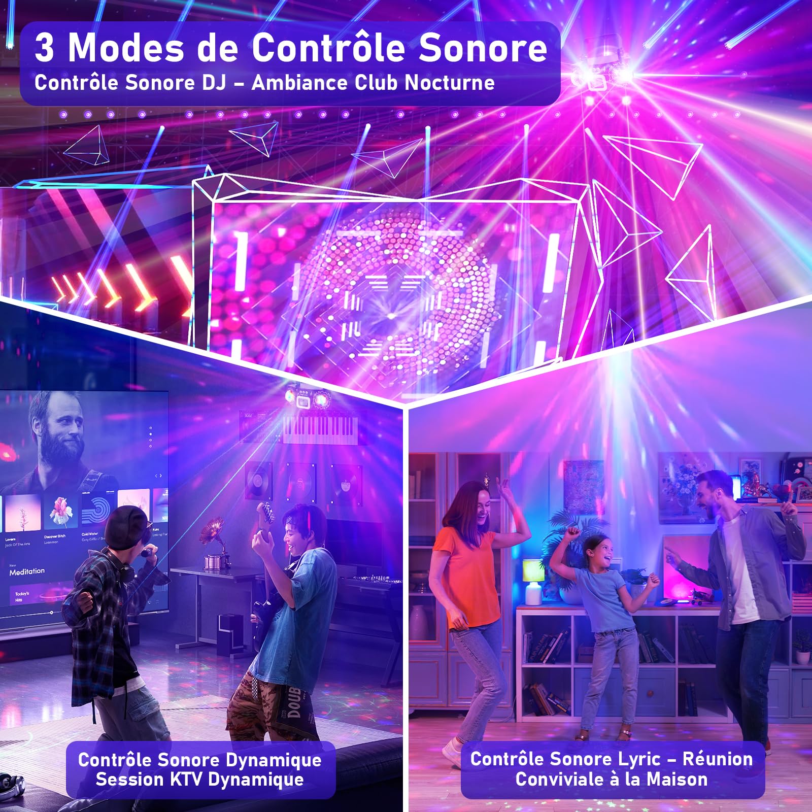 Jeu de Lumière Disco avec 2 Boules Disco Lumière DJ RGB Activée par Musique, Lampe de Scène pour Fête, Soirée DJ, Noël et Halloween