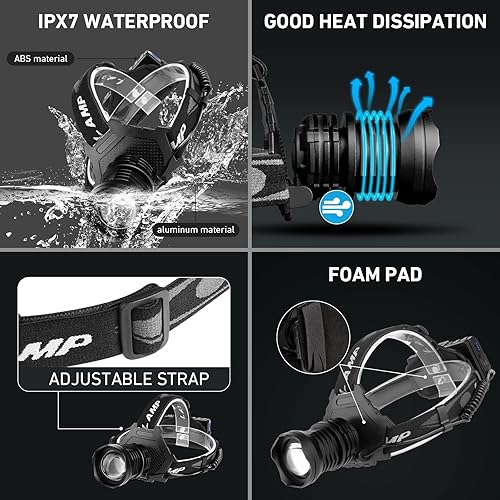 Miniatura 6 de Linterna frontal recargable súper brillante, lámpara de cabeza de 3000LM con 10 modos, faros delanteros ajustables de 90 para adultos, IPX7