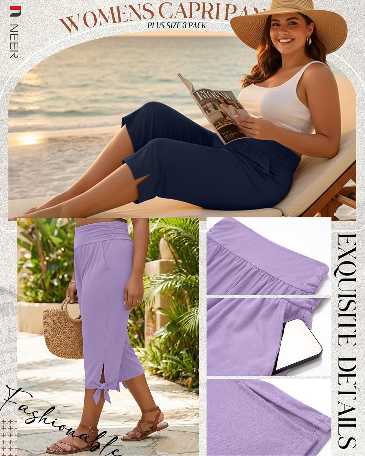 Neer 3 Pack Women's Plus Size Cotton Capri Pants High Waisted Wide Leg Loose Lounge Yoga Cropped Sweatpants with Pockets