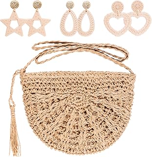 Straw Clutch Purse Straw Woven Crossbody Bag for Women Summer Beach Rattan Purse with Rattan Earrings for Women Boho Rattan Straw Handbags(khaki), Khaki
