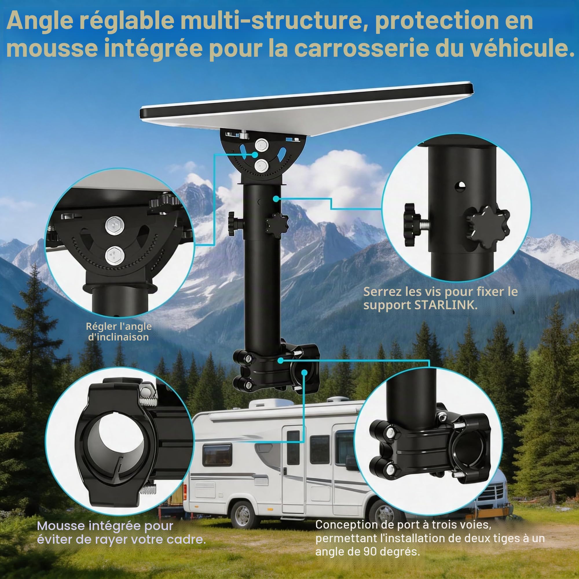 Support Starlink Mini, support de poteau à pince RV, réglable sur 160 degrés, équipé d'un adaptateur de tube Starlink Mini, réglable pour installation sur véhicule, camping-car, échelle et yacht.