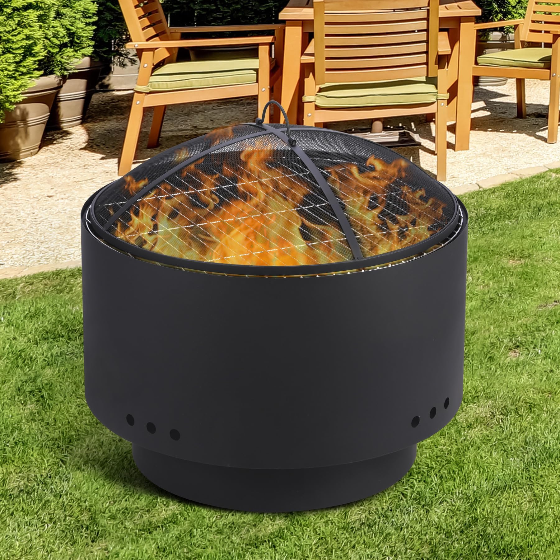 Feuerschale mit Grillrost, Ø60cm Feuerkorb mit Funkenschutz, Groß Feuertonne für den Garten mit Schürhaken & Tragetasche, Solide Holz & Kohle Feuerstelle inkl. für Outdoor BBQ Heizung 66x66x60cm