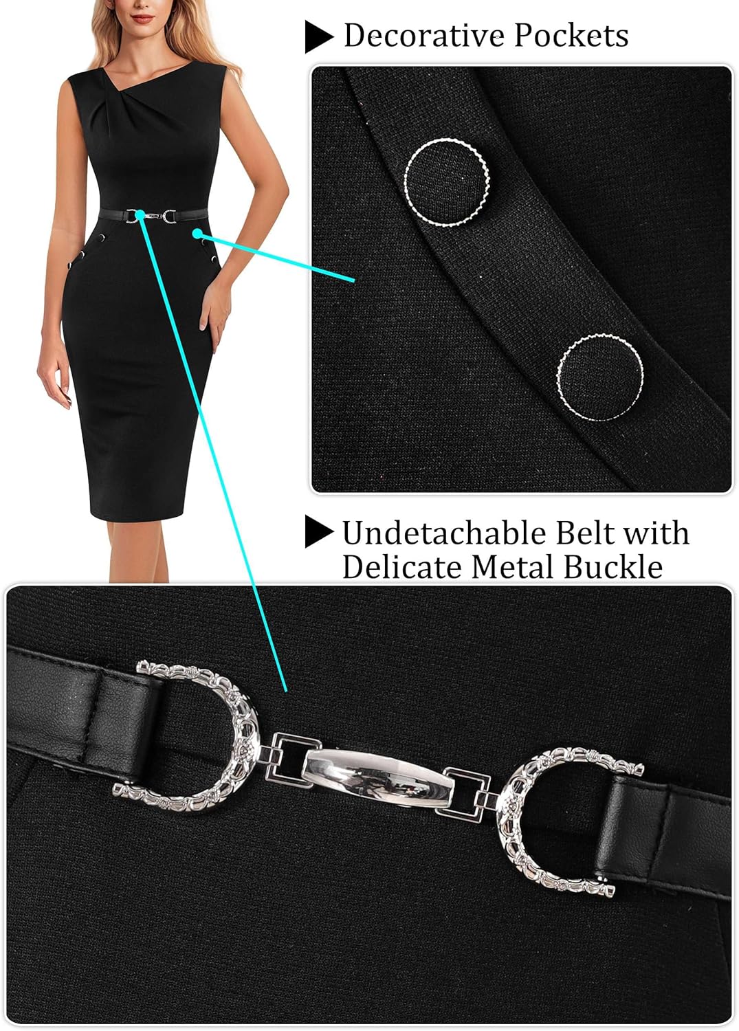 VFSHOW Womens Cocktail Business Casual Pleated Asymmetric Neck Buttons Belted Work Office Church Pencil Sheath Dress - Image 4