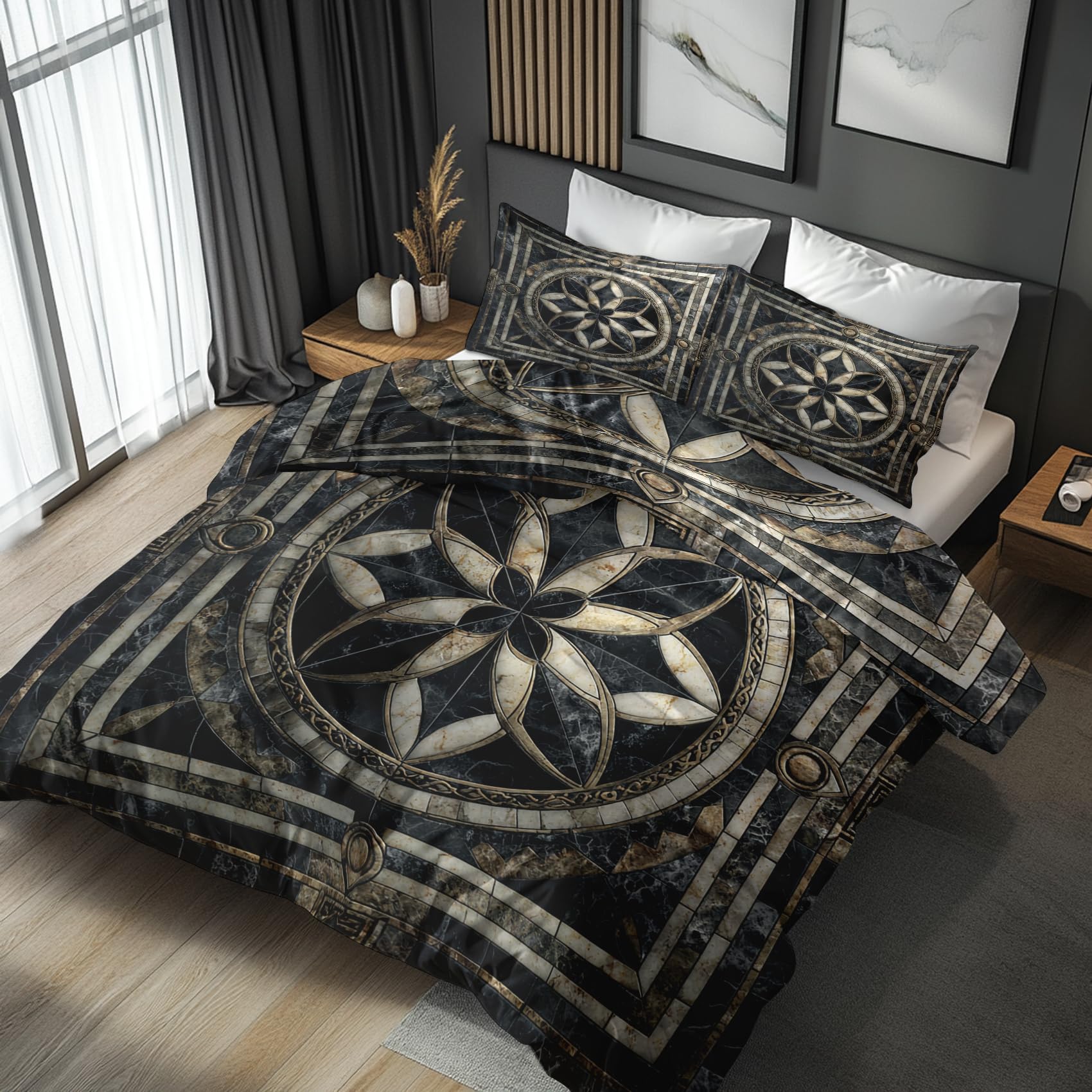 Housse de couette 200x200 marbre parure de lit noire fleurie pour lit 2 personnes