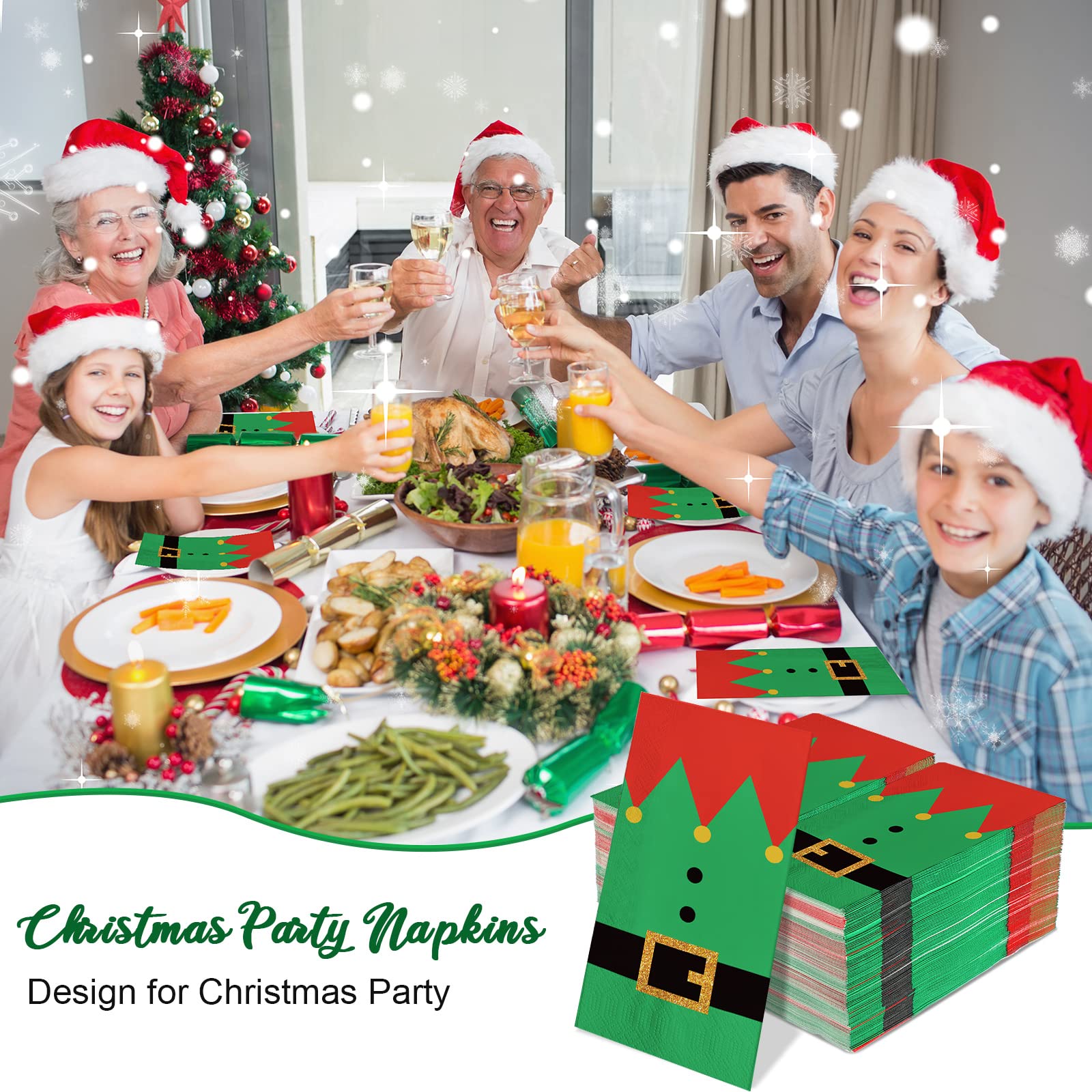 Lot de 200 serviettes de Noël jetables en papier 3 plis pour invités de Noël - Fournitures de fête d'hiver, décorations de table (style elfe)