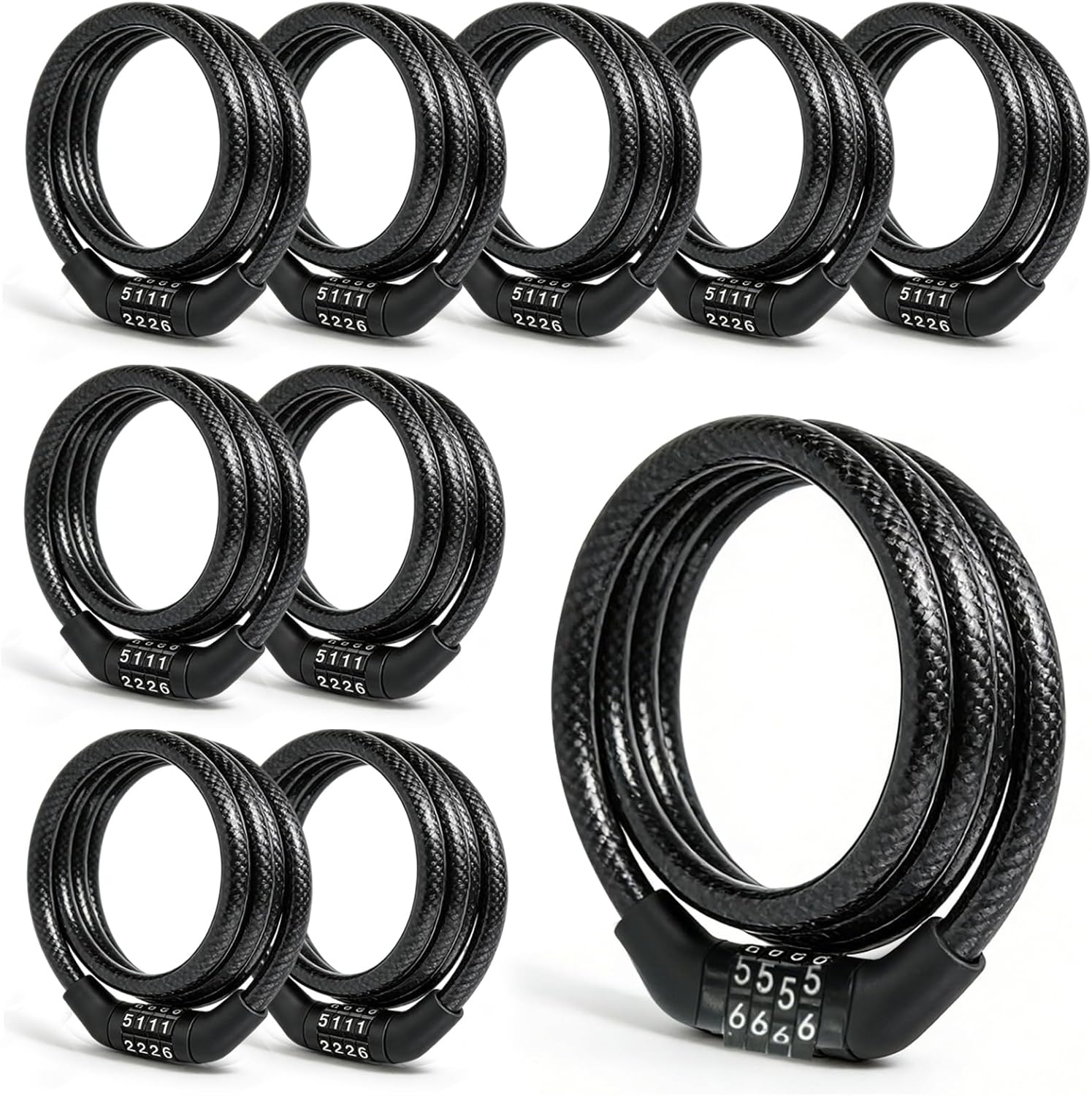 10 Pcs Bike Lock Cable with 4 Digit Combination 4.9 Feet Black Anti Theft Bike Cable Accessories Coiled Preset Bicycle Lock, 5/16 Inch Diameter