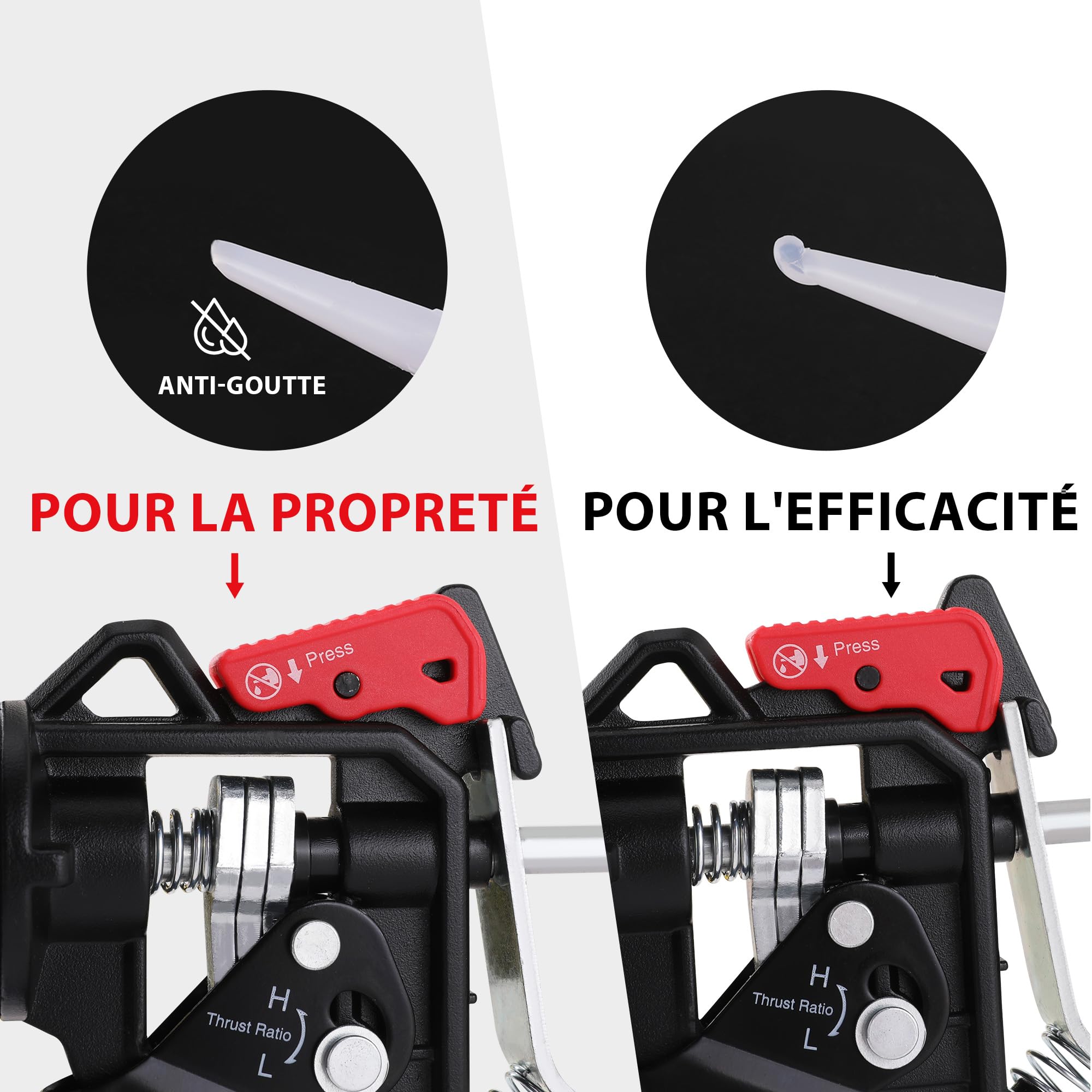 WORKPRO Pistolet à Calfeutrer Silicone en Métal avec 2 Modes de Rapport de Poussée, Transmission de Force 9:1 et 18:1, Pistolet à Cartouche pour Cartouches de Silicone et d'Adhésif de 295ml