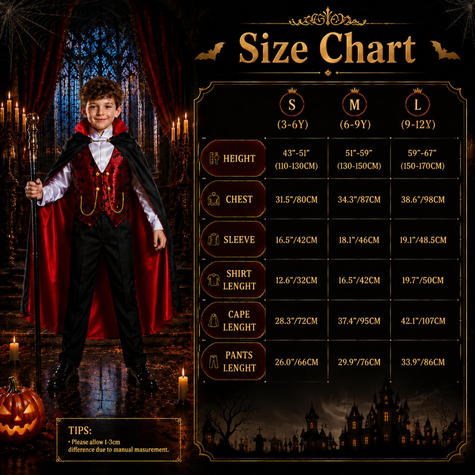 Costume da Vampiro per Halloween per Bambini con Mantello, Camicia, Pantaloni e Bastone, Abbigliamento in Poliestere per Travestimento e Festa a Tema per Bambini (Piccolo)