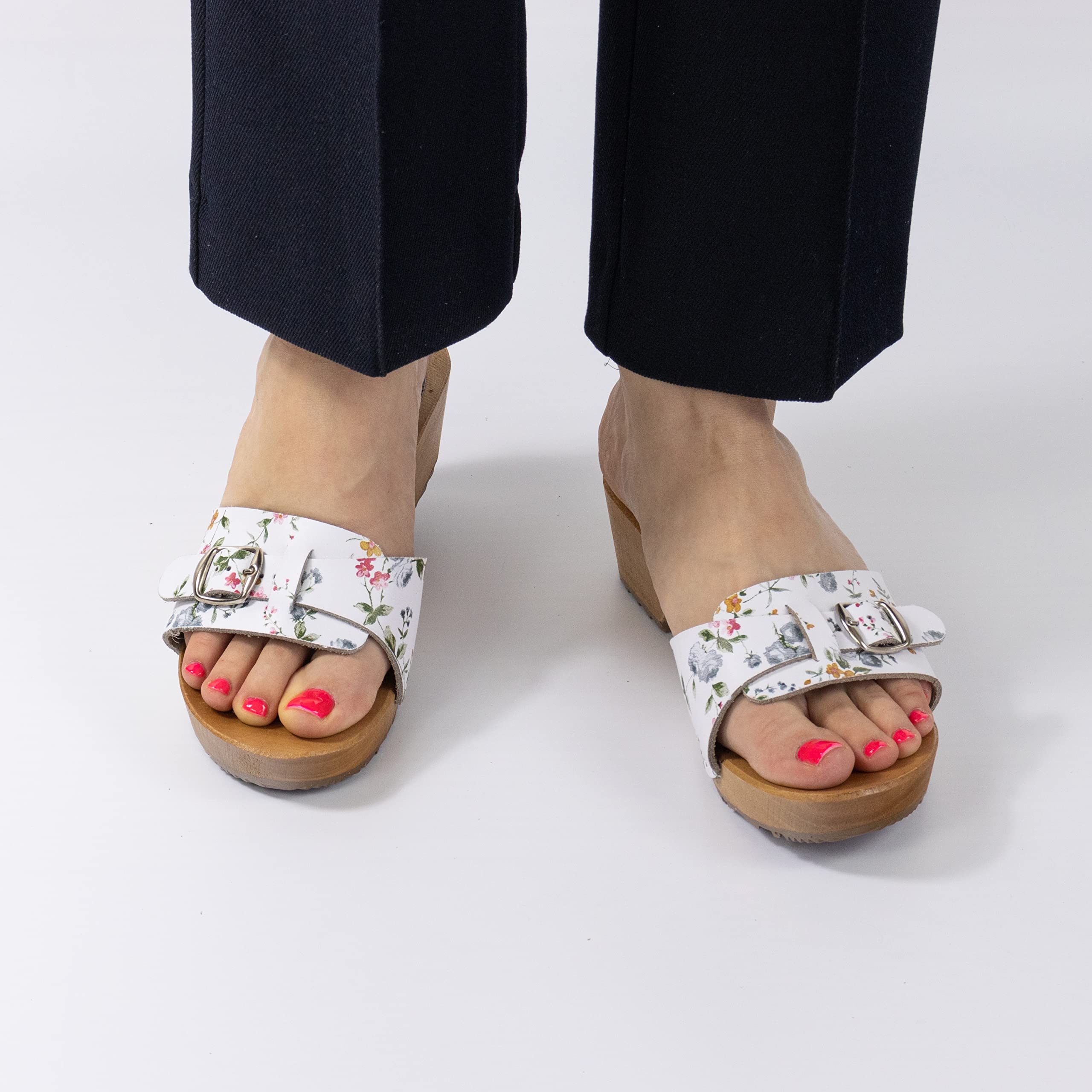 APREGGIO Zoccoli da Donna in Pelle Liscia - Eleganti Sandali Estivi da Donna con Tacco Alto - Stile Svedese - Punta Aperta - Suola in Legno - per L'Estate - Bianco con Fiori