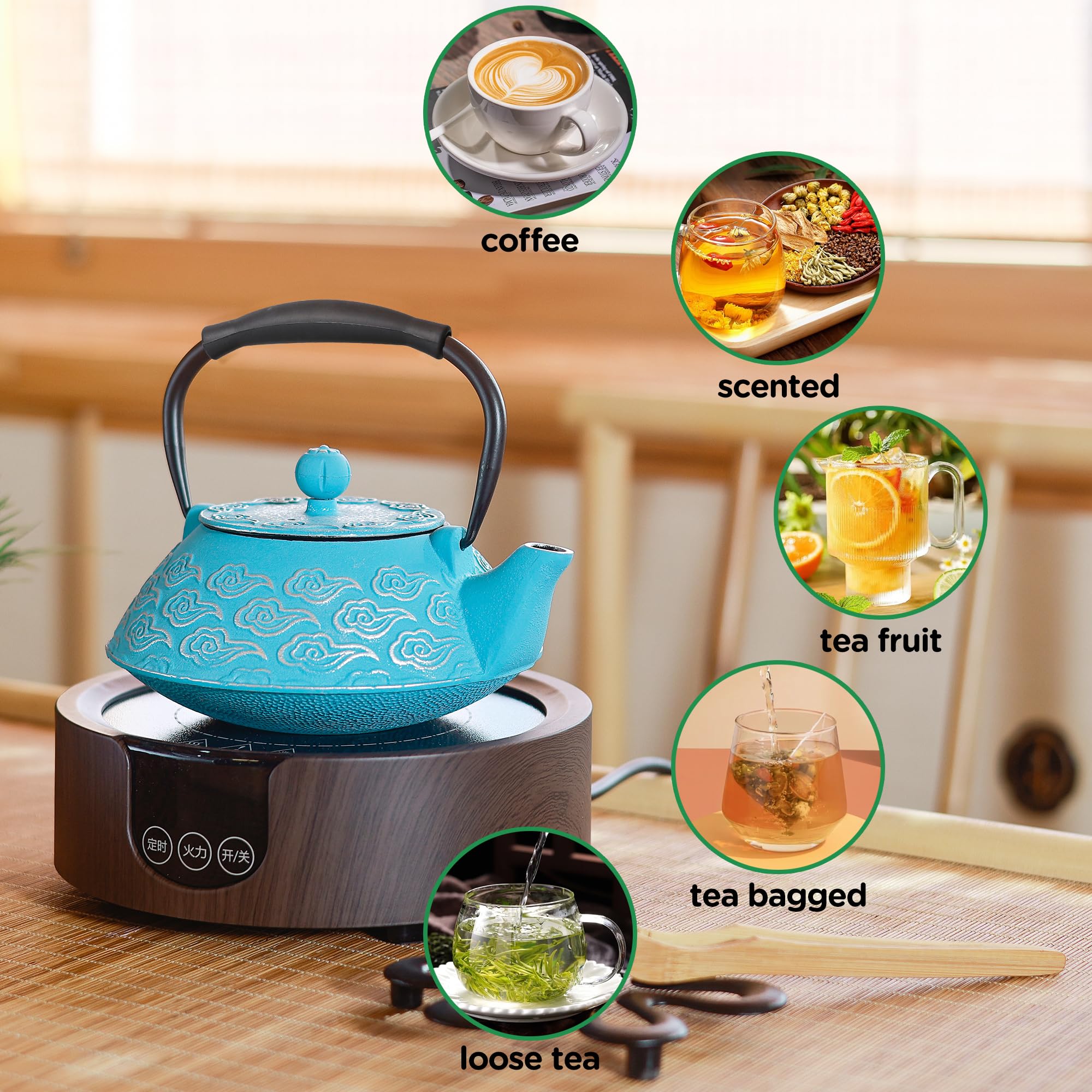Théière japonaise en fonte avec infuseur pour feuilles mobiles, lavable sur la cuisinière, avec intérieur émaillé, motif nuages, 800 ml, bleu ciel