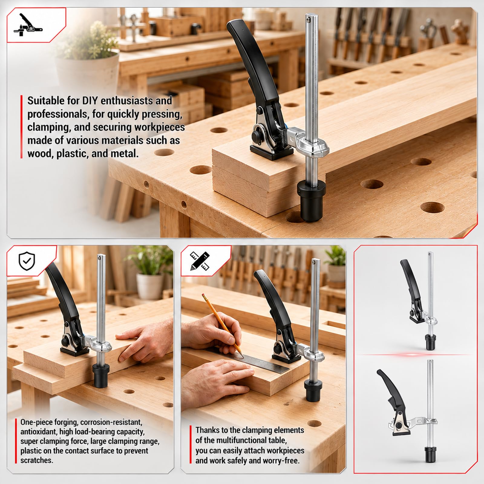 Set di morsetti a leva, 20 mm, accessori per banco da lavoro, 160 x 60 mm, sistema di tensione da tavolo MFT con 4 ganci rossi, morsetto da tavolo antiscivolo per lavorazione precisa del
