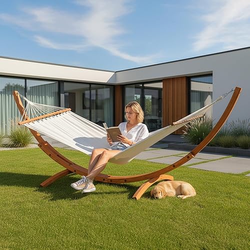 Miniatura 2 de ONCLOUD Juego de hamaca doble premium con soporte curvado de madera dura, sistema de relajación al aire libre de 10.5 pies (capacidad de 400 libras)