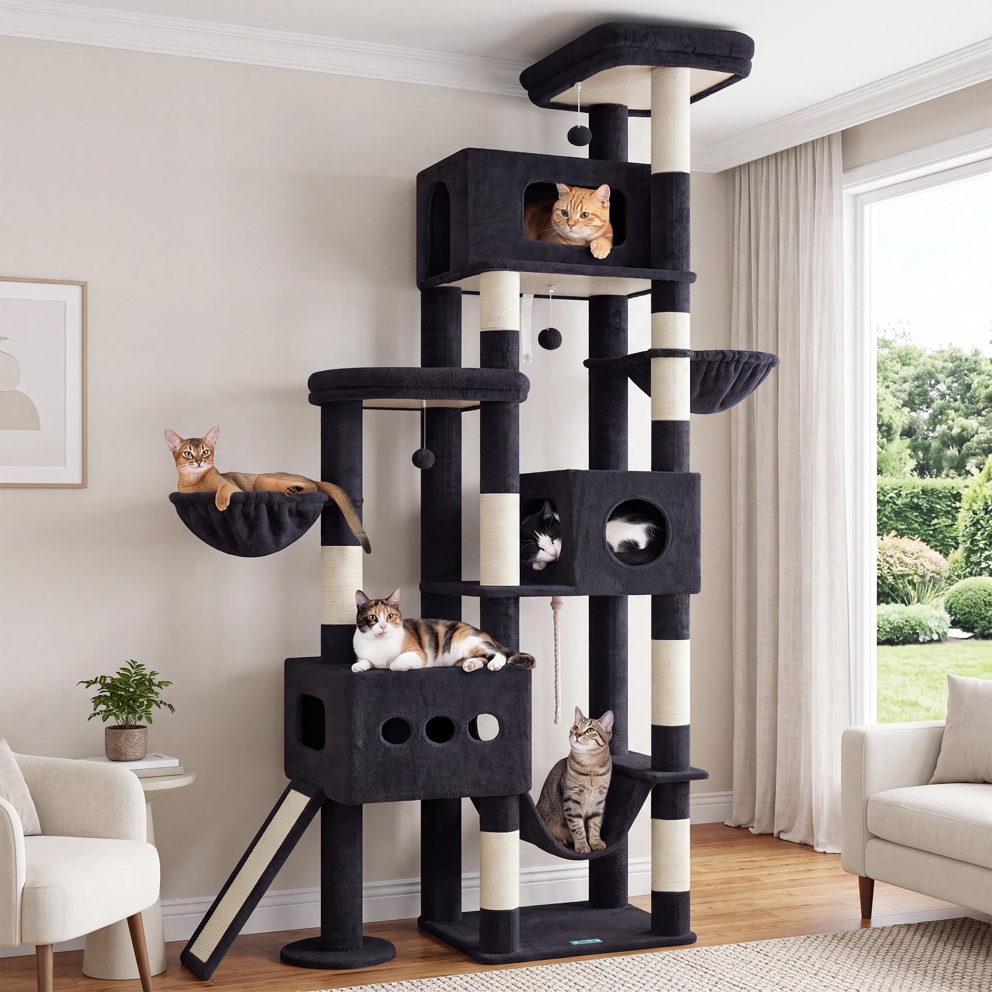 Gitelsnour Arbre À Chat 225 cm XXL – Arbre Stable pour Chats Grands, 3 Niches, 2 Paniers Suspendus, Hamac, Planche À Griffer, 2 Plates-Formes D'Observation, Socle Stable, Gris Foncé GCT808G
