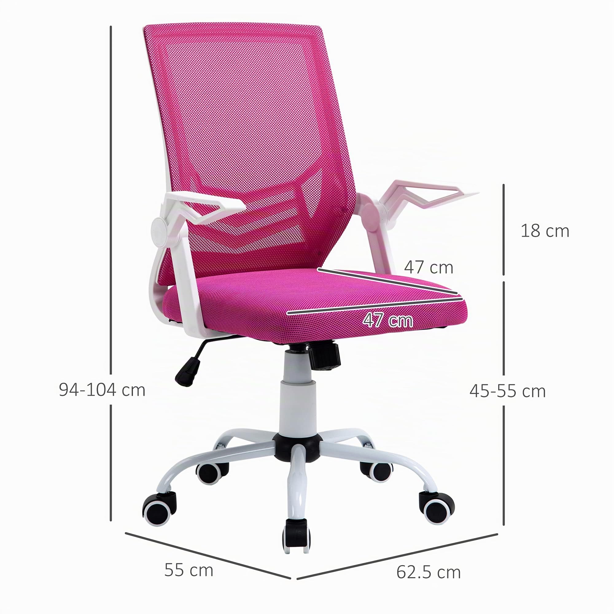 Vinsetto Sedia da Ufficio Ergonomica con Supporto Lombare 120kg Rosa | Braccioli Pieghevoli, Sedia da Scrivania Girevole, Rete Traspirante, Schienale Reclinabile, Altezza Regolabile