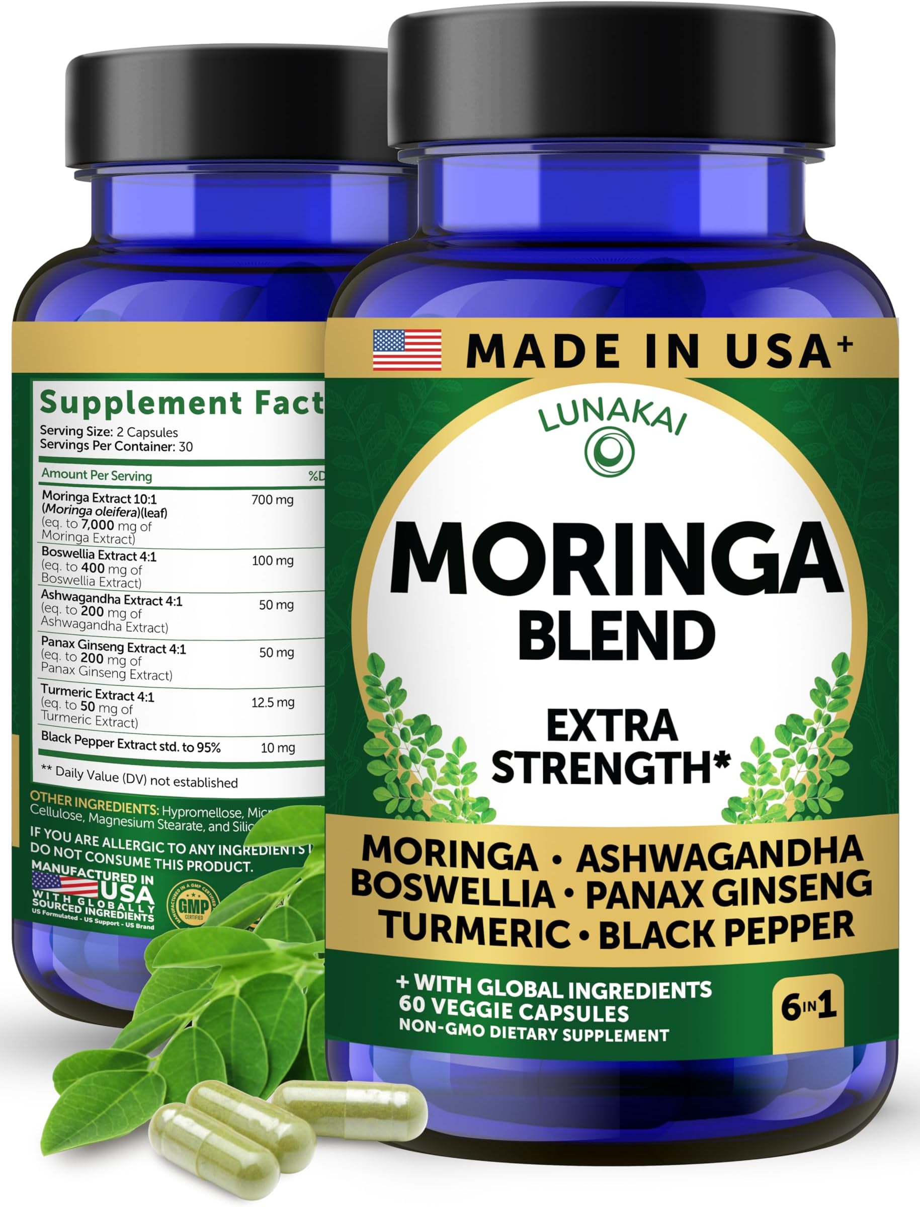 Lunakai USA Made Pure Moringa Capsules – Advanced Moringa Leaf Extract Supplement with Ashwagandha, Boswellia, Ginseng & Turmeric, 60ct