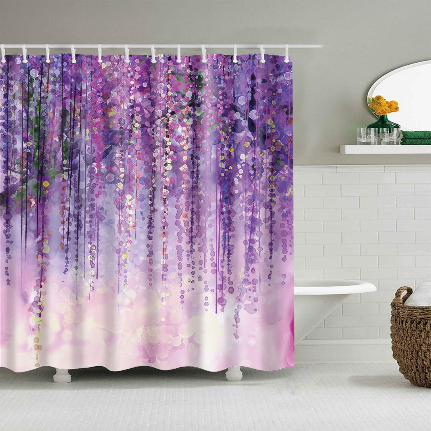StoneMaxi 180x180cm Flower Shower Curtain for Bathroom, 100% Polyester Fabric Waterproof Anti-Mould Proof Resistant, Quick-Drying, Washable with 12 Pcs Hooks (71 x 71 Inch) (Wisteria)