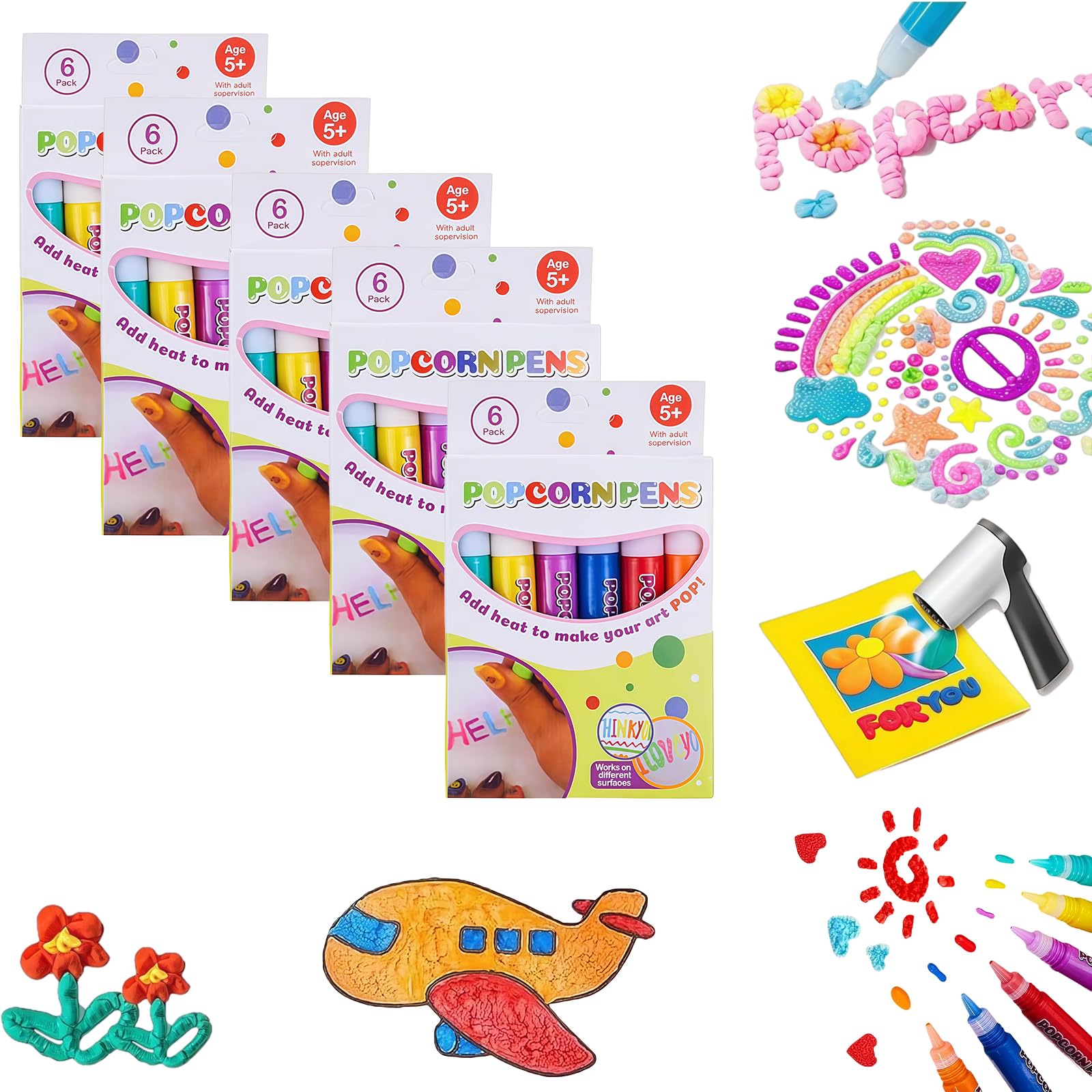 30 PCS Popcorn Pens for Kids, 6 Colours, Heat Activated 3D Puffy Pens