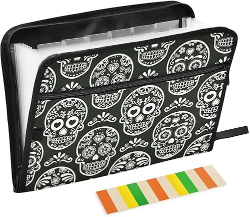 Skull Pattern Expandable Hanging File 13 Pockets A4 Letter Size Folder with Closure with Zipper Closure File Folder with Zipper for Office Workers