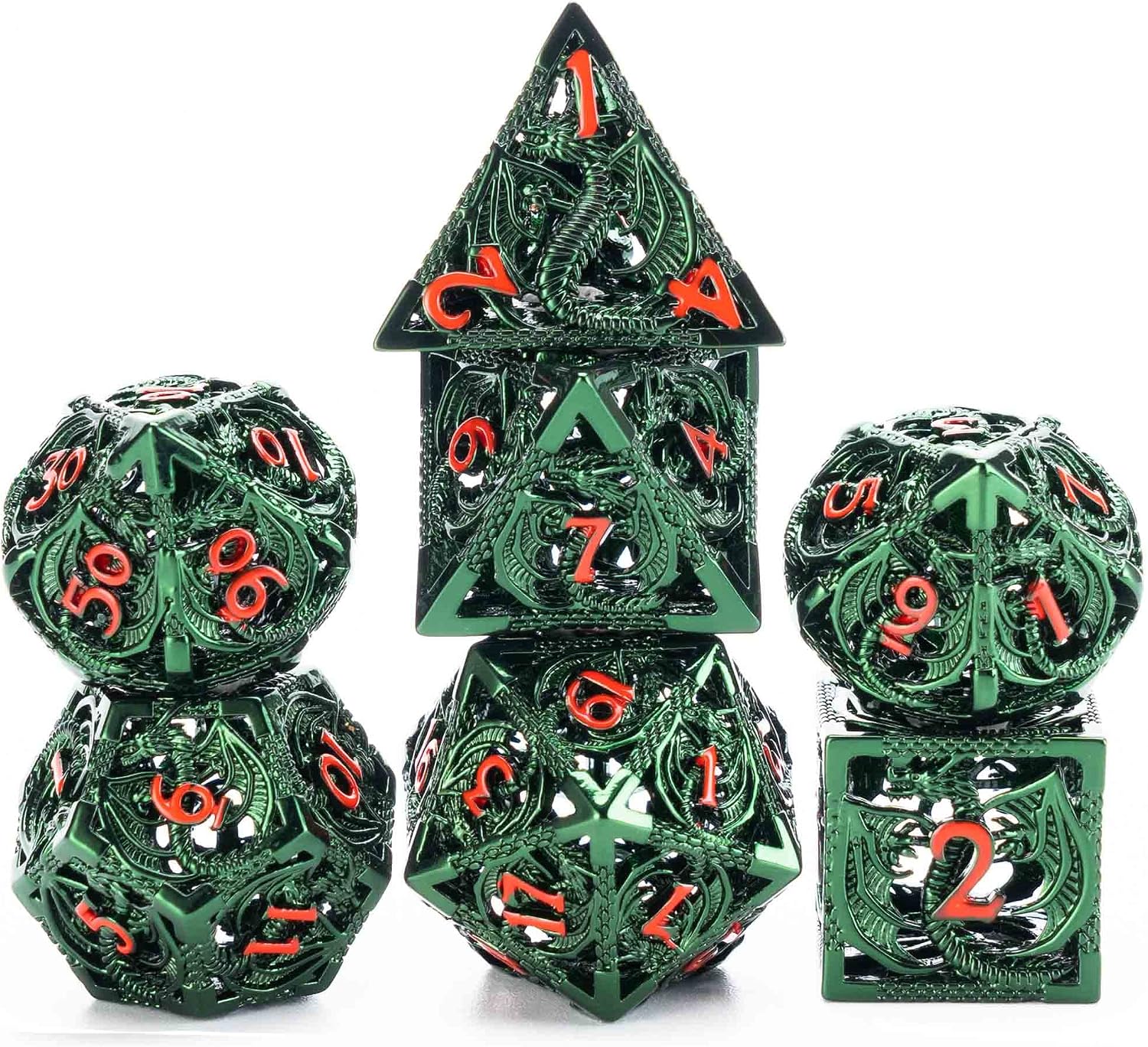 LANSAI DND Dragon Hollow Metal Polyhedral Dice Set D&D RPG Suitable for Dungeons and Dragons Role Playing Games(Green)