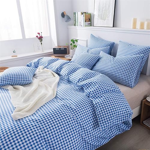 Miniatura 2 de FADFAY Juego de funda de edredón de cuadrícula azul, tamaño individual, 100% algodón, ultra suave, a cuadros, reversible, con cierre de cremallera,