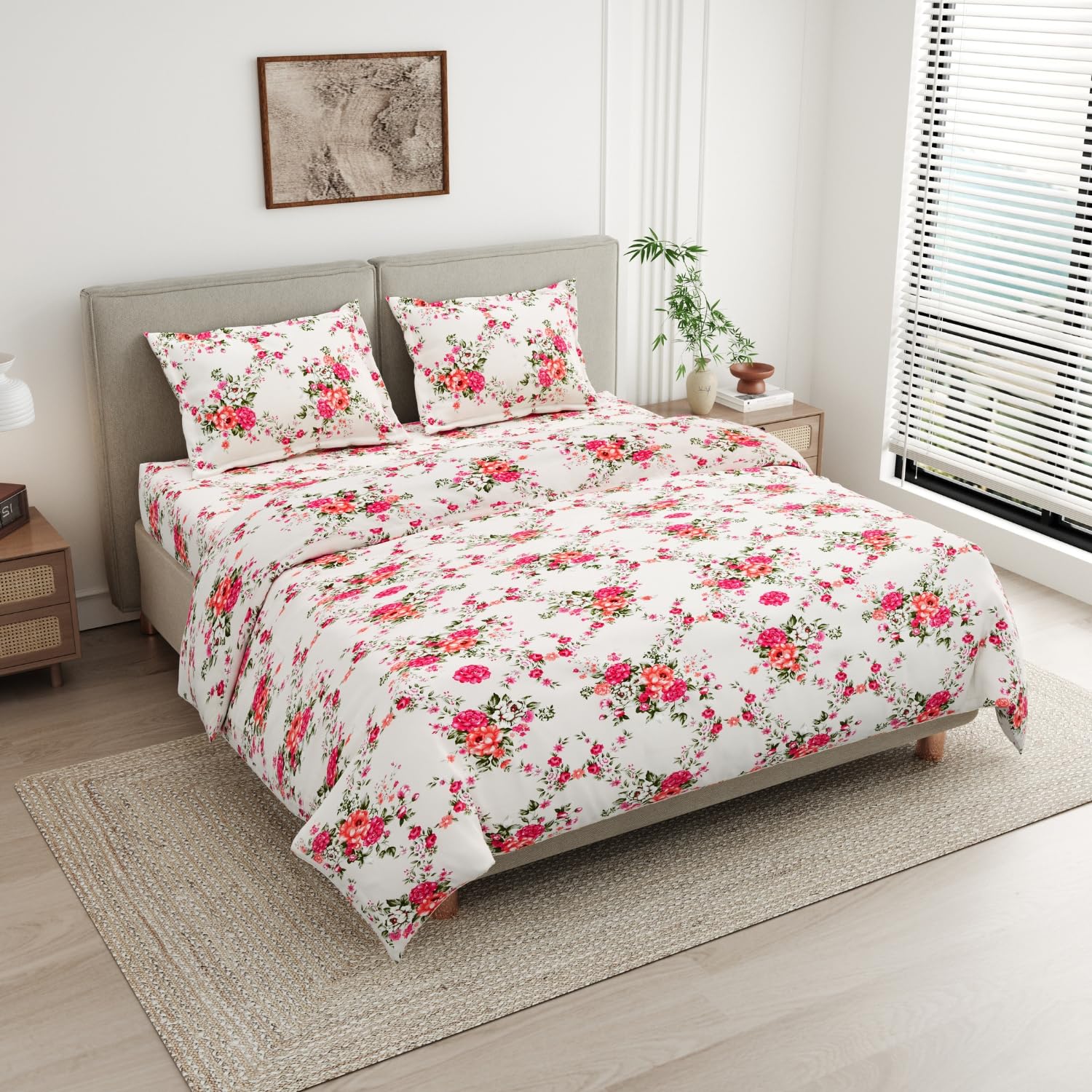 Haus & kinder Double Bedsheet for Queen Size Bed | 90 x 100 Inches 144 TC Cotton Bedsheet for Double Bed with 2 Pillow Covers - Greek Garden