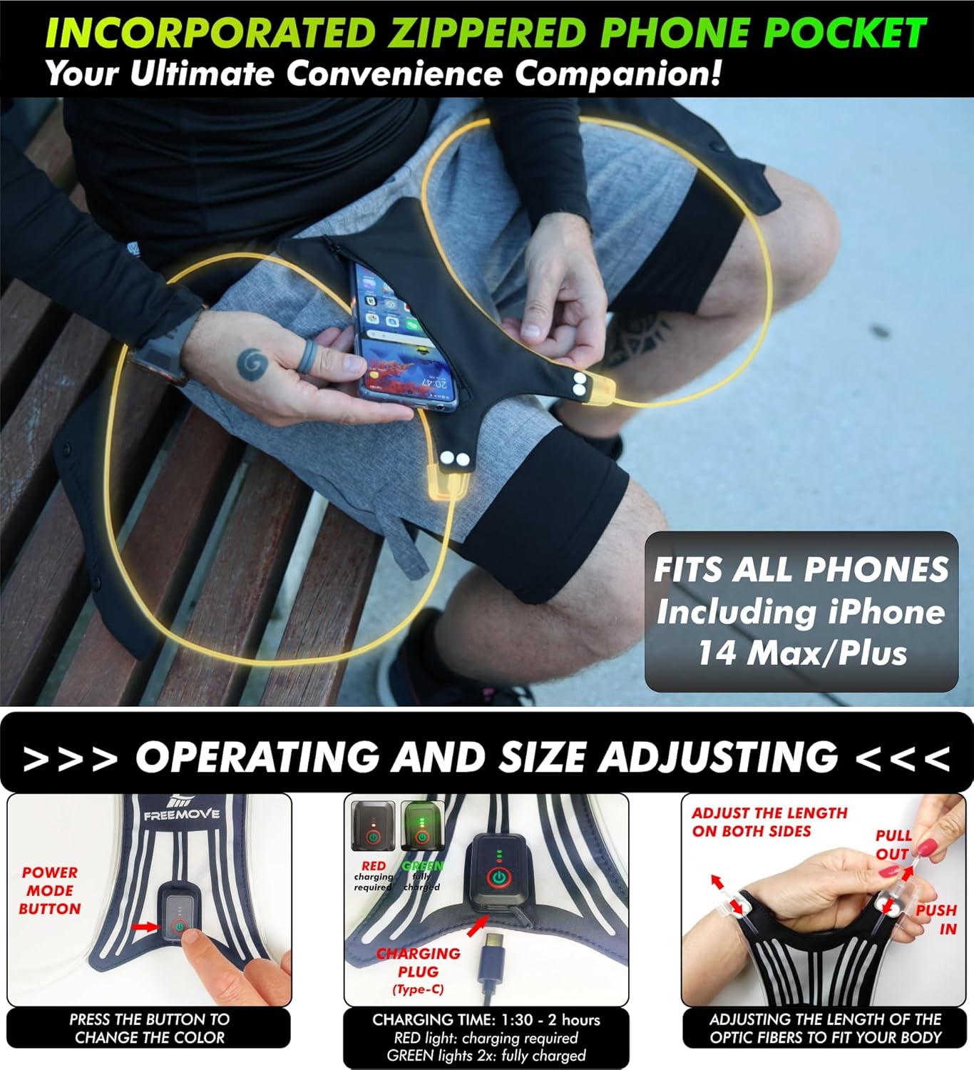 SPIDER Reflective Lighted Running Vest - Optic Fiber Technology, Bright, 360° Visible, Ultralight, Phone Pocket, Fully Adjustable Size XS-3XL - Reflective Running Gear for Safe Night Sports & Walking - Image 6