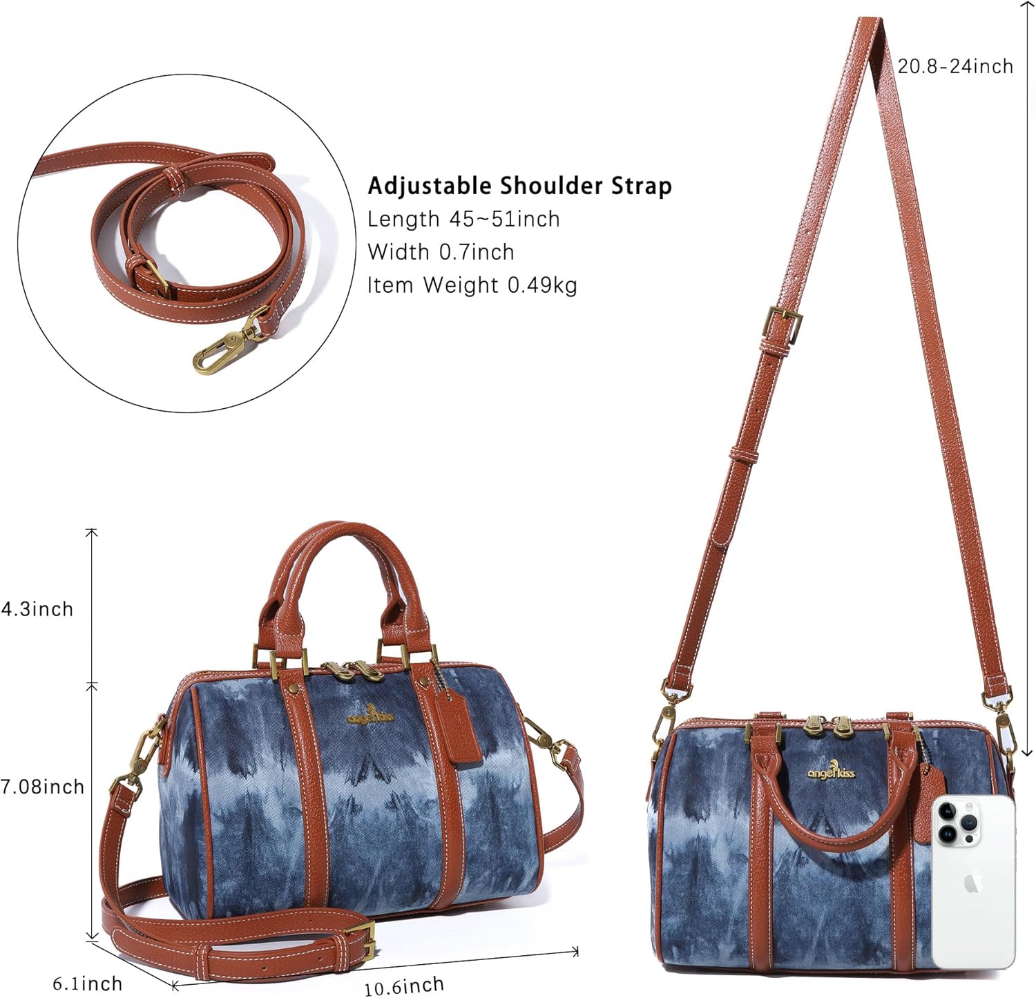 Angel Kiss Women Satchel Purses and Handbags Vegan Leather Boston Barrel Bag Top Handle Shoulder Purse with Crossbody Strap | Vegan Leather, Top Handle, Crossbody Strap - Image 4