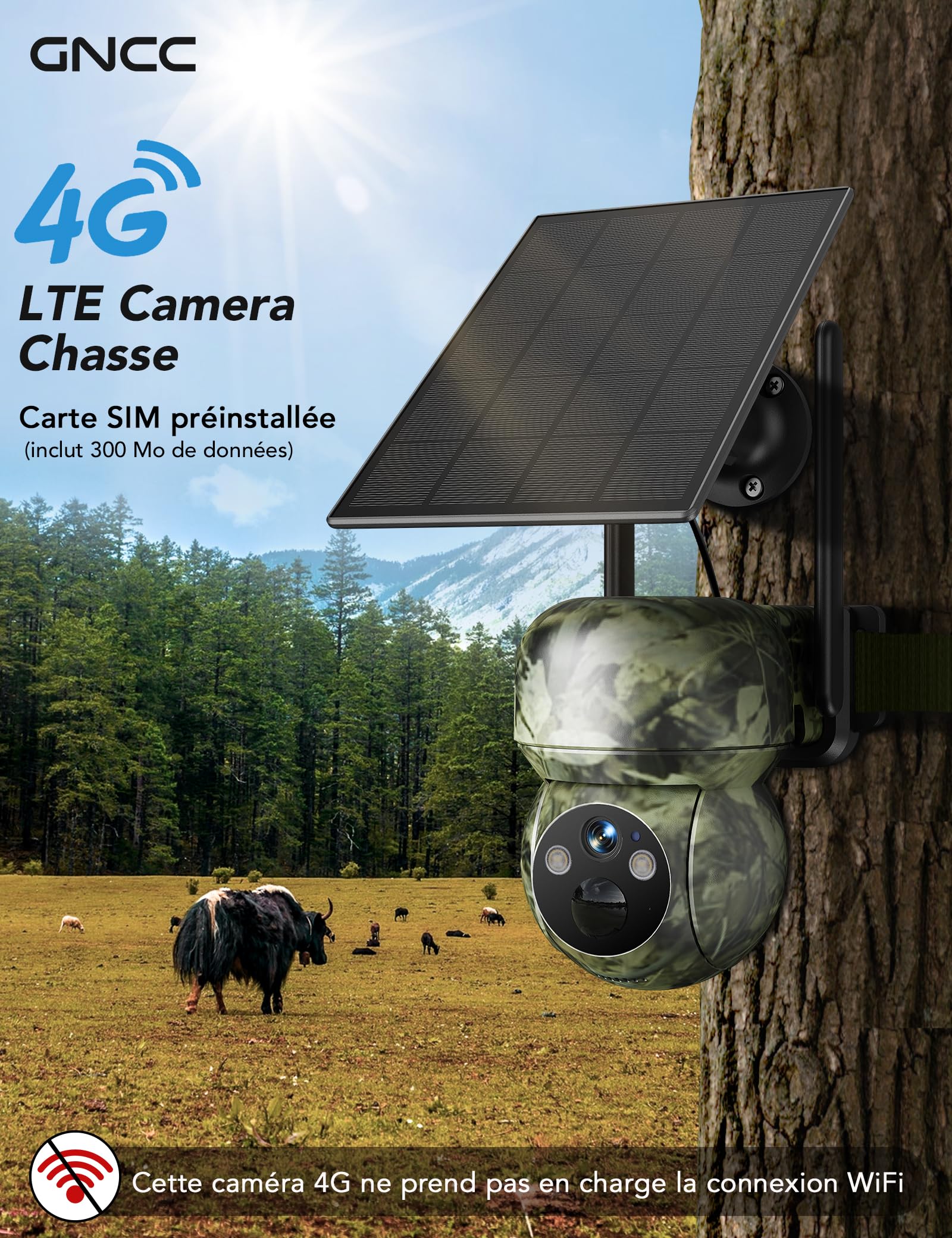 GNCC Camera de Chasse Solaire sans Fil 4G 2K avec Carte Sim Pas de Wi-FI