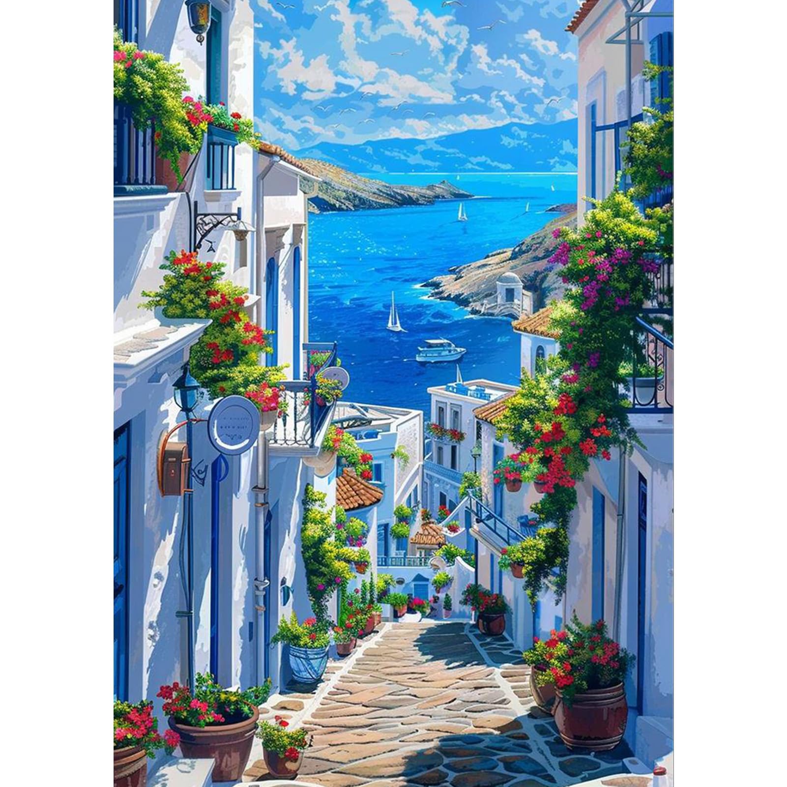 TIANYI-Peinture Diamant Rue Avec Fleurs, 5D Diamond Painting Complet Rue Bleue Diamant Strass Point De Croix Cristal Painting Diamant Kit Paysage Painting Pour Murale Decoration 30x40cm