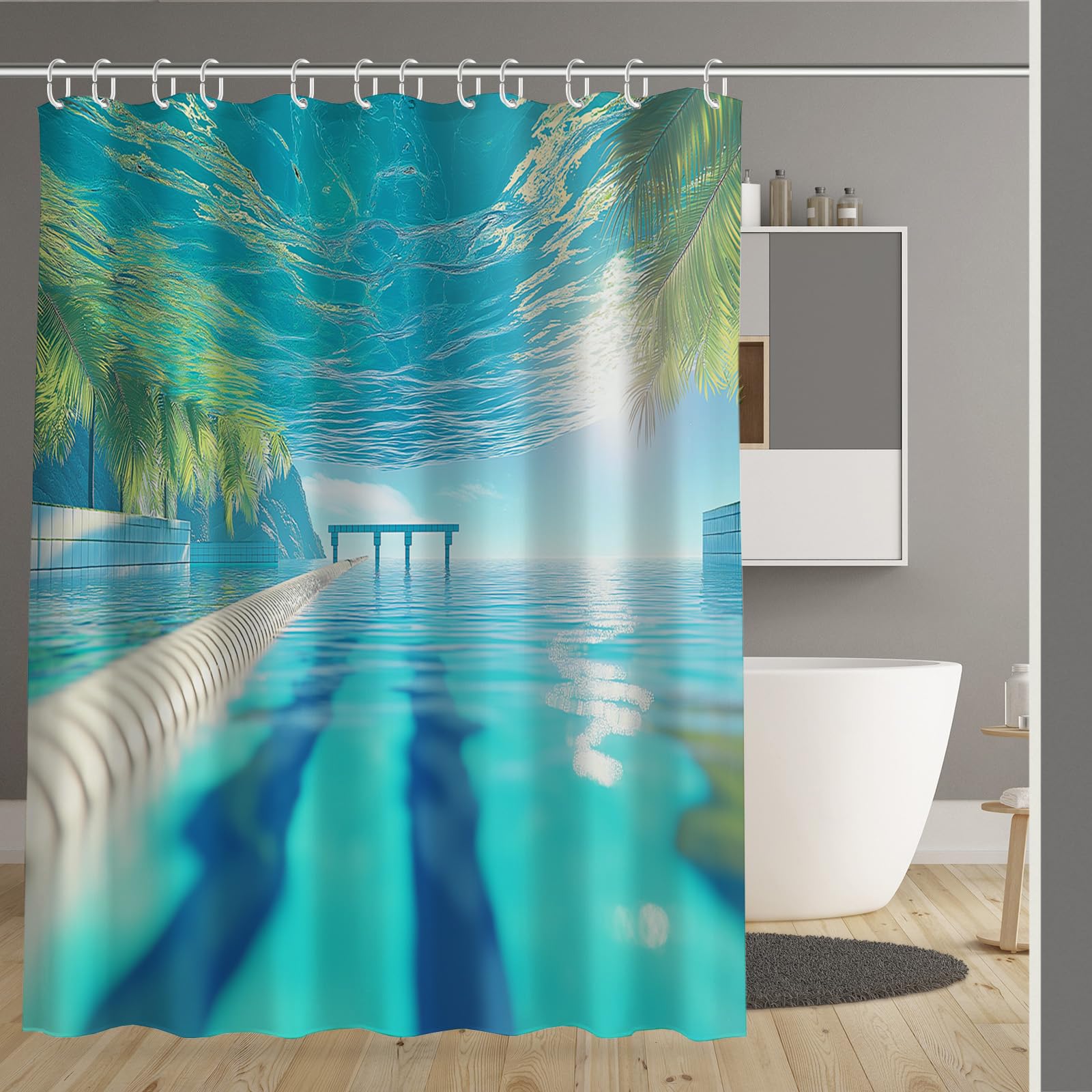 Rideau de douche 180x200cm bleu en polyester lavable pour baignoire de salle de bain