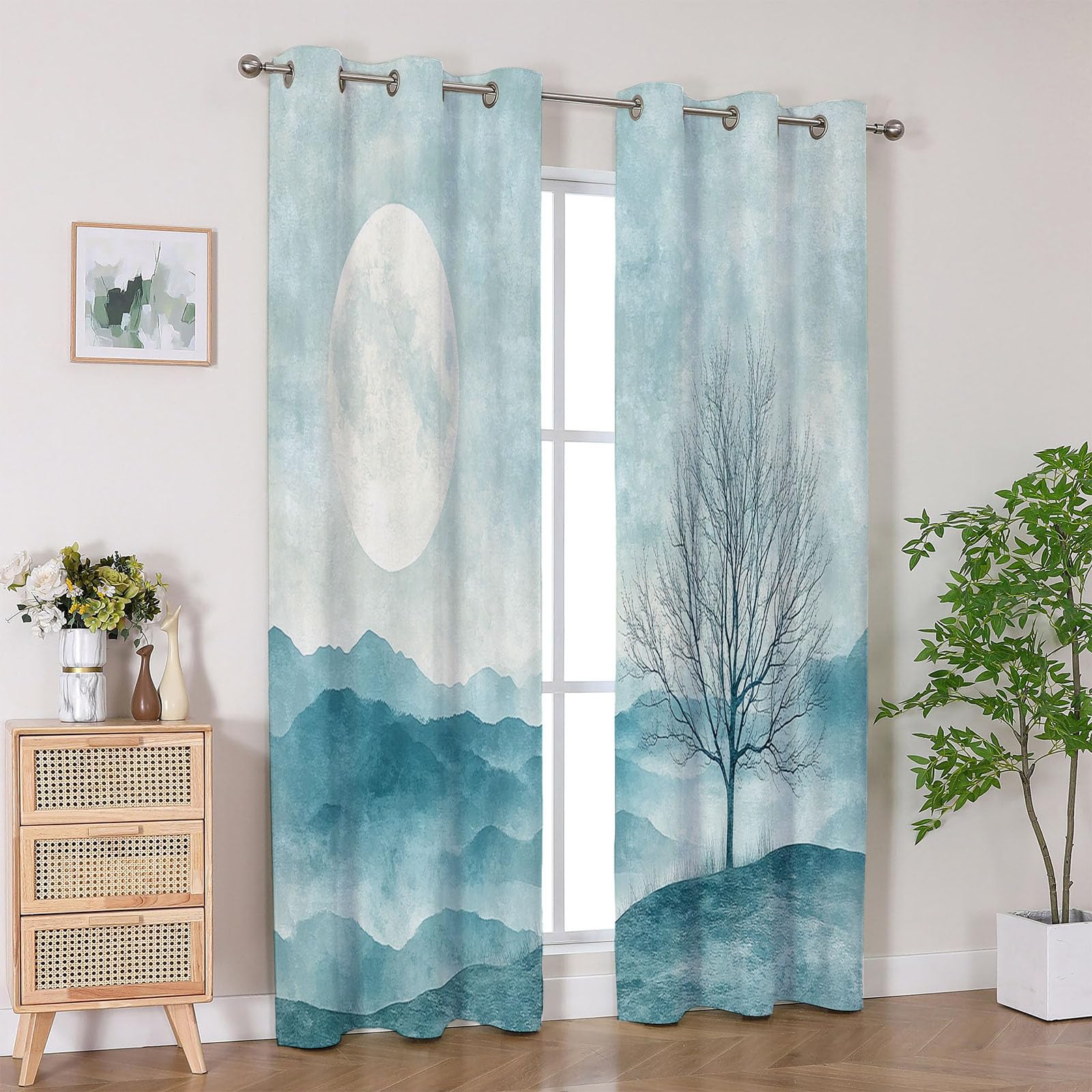 Vorhang Mit Abstrakte Linien Mondbaum Blickdichte Thermo Vorhang Kälteschutz Blackout Curtain Mädchenzimmer Schlafzimmer Verdunkelung-H220 x B132 cm (2er Pack)