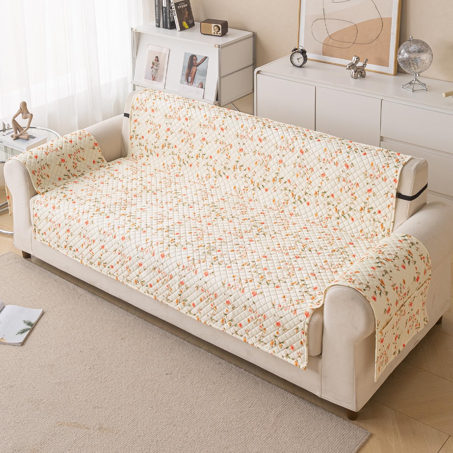 House of Quirk Quilted Printed Sofa Cover for Indian Sofa Set – Washable, Durable & Soft Fabric Protector (Beige Tulip, Three Seater)-image-39