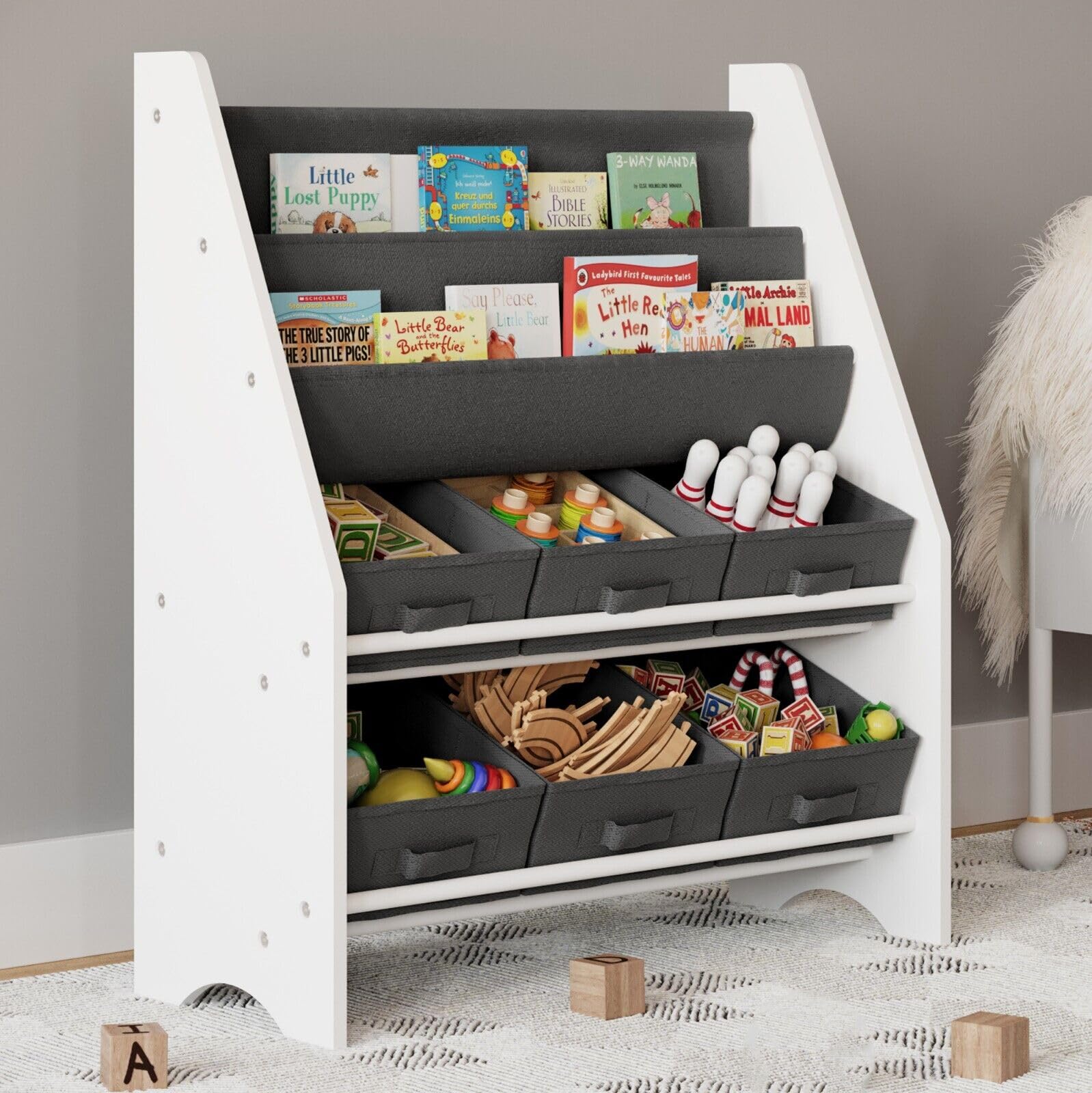 URBNLIVING MDF Wood & Fabric Children Kids Bookshelf Book Toy Organiser Storage Rack Bins Book Cabinet Display for Playroom, Bedroom, Toddler Room (White & Black)