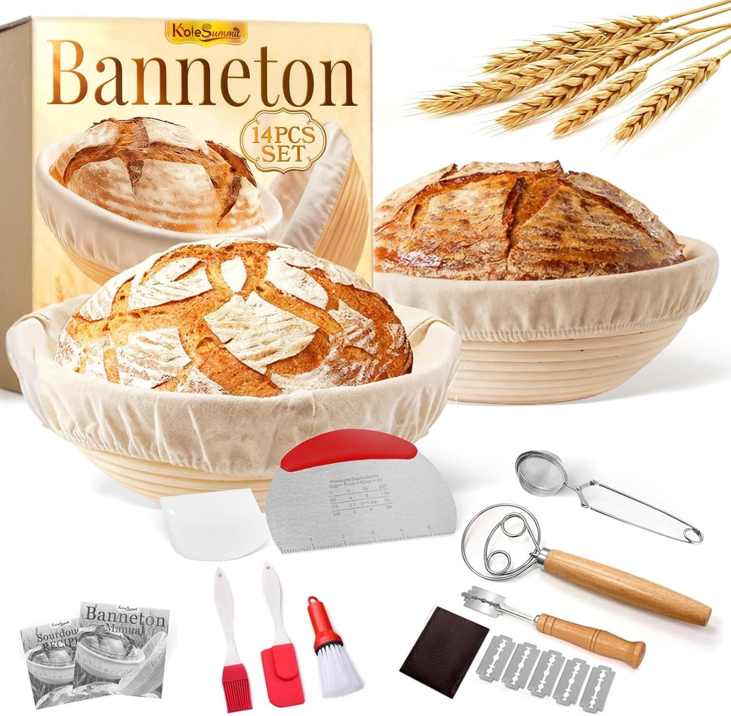 Banneton Bread Proofing Baskets Set Sourdough Starter Kit Sourdough Bread Baking Supplies Making Tools With 9 inch Round Proofing Baskets, Dough Scraper, Whisk, Lame, Recipe