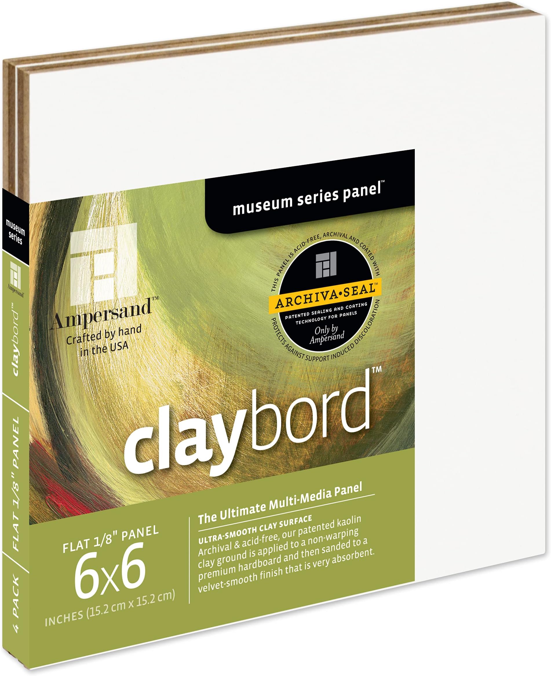 Ampersand Art Supply Claybord | 6" x 6" - Pack of 4 | 1/8" Flat Profile | Kaolin Clay Painting Panel for Acrylic, Ink, Watercolor & Mixed Media | Canvas & Paper Alternative