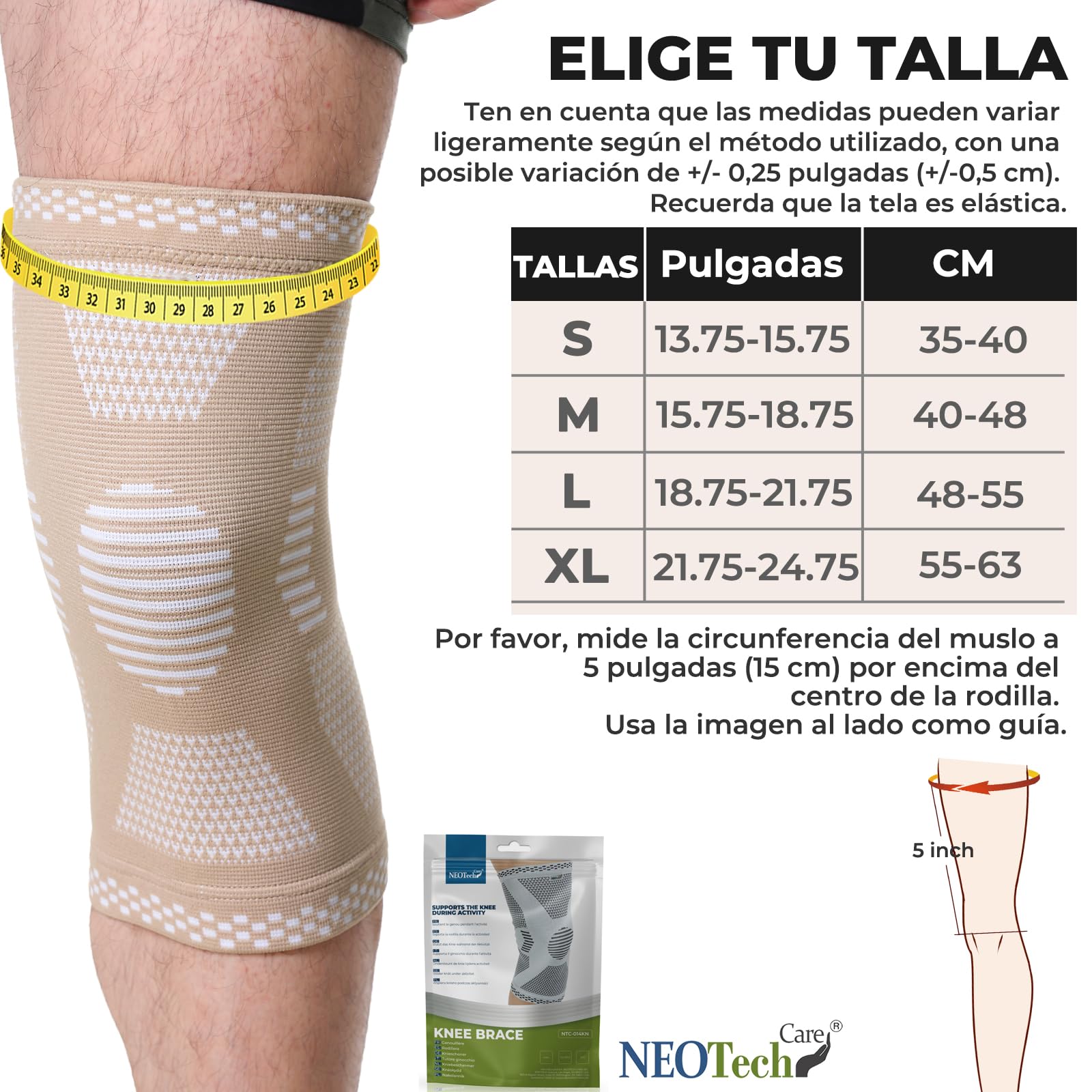 NEOtech Care Rodillera de fibra de bambú, Material ligero, elástico, cómodo y transpirable - Para hombre o mujer - Rodilla derecha o izquierda (Beige, Talla L, 1 Unidad)