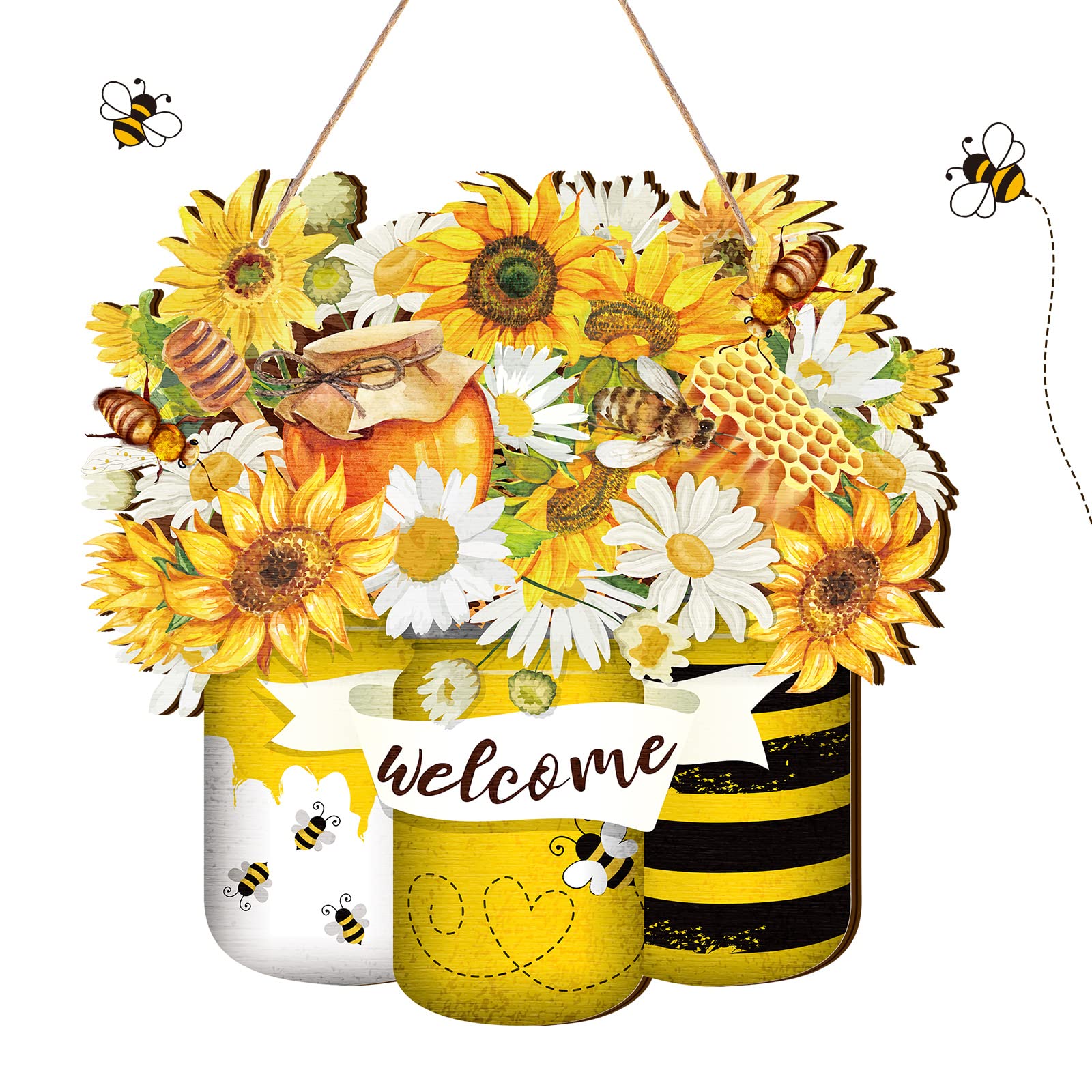 Spiareal Bee Welcome Yellow Hanging Front Door Summer Decorations for Home Hanger Wooden Sign Farmhouse Wall Bright Porch Decoration Art Wreaths for