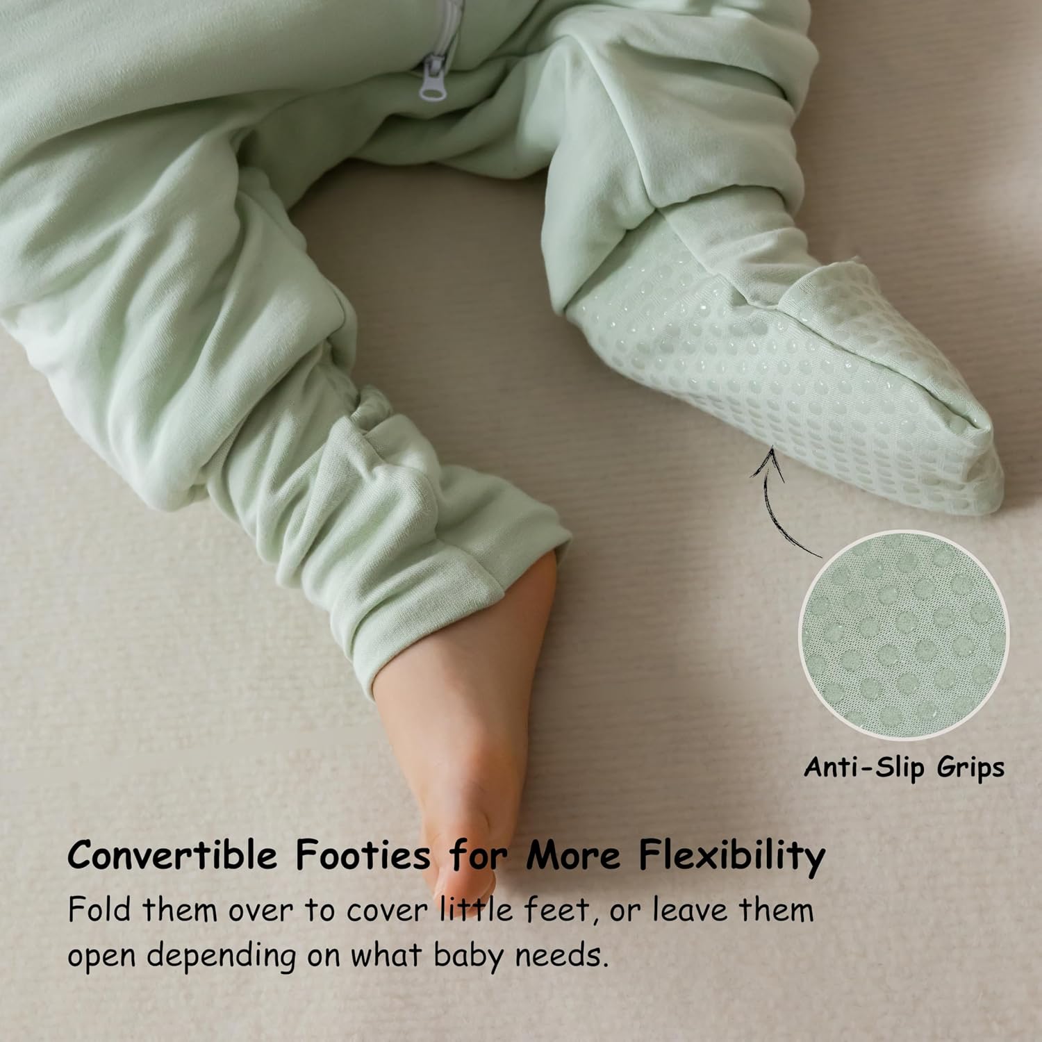 Baby Sleep Sack with Feet 0.5 TOG Summer, Rayon Made from Bamboo, Convertible Footies with Anti-Slip Grips for Toddlers