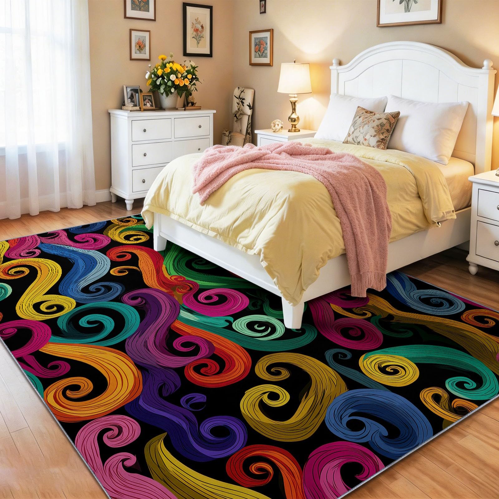 160 x 230 cm Tapis à Poils Courts lavables, Couleur Fantaisie Néon Carpet Motif, Effet 3D Vagues Tourbillons Arcs-en, pour décoration la Chambre Manger à Coucher de Salon