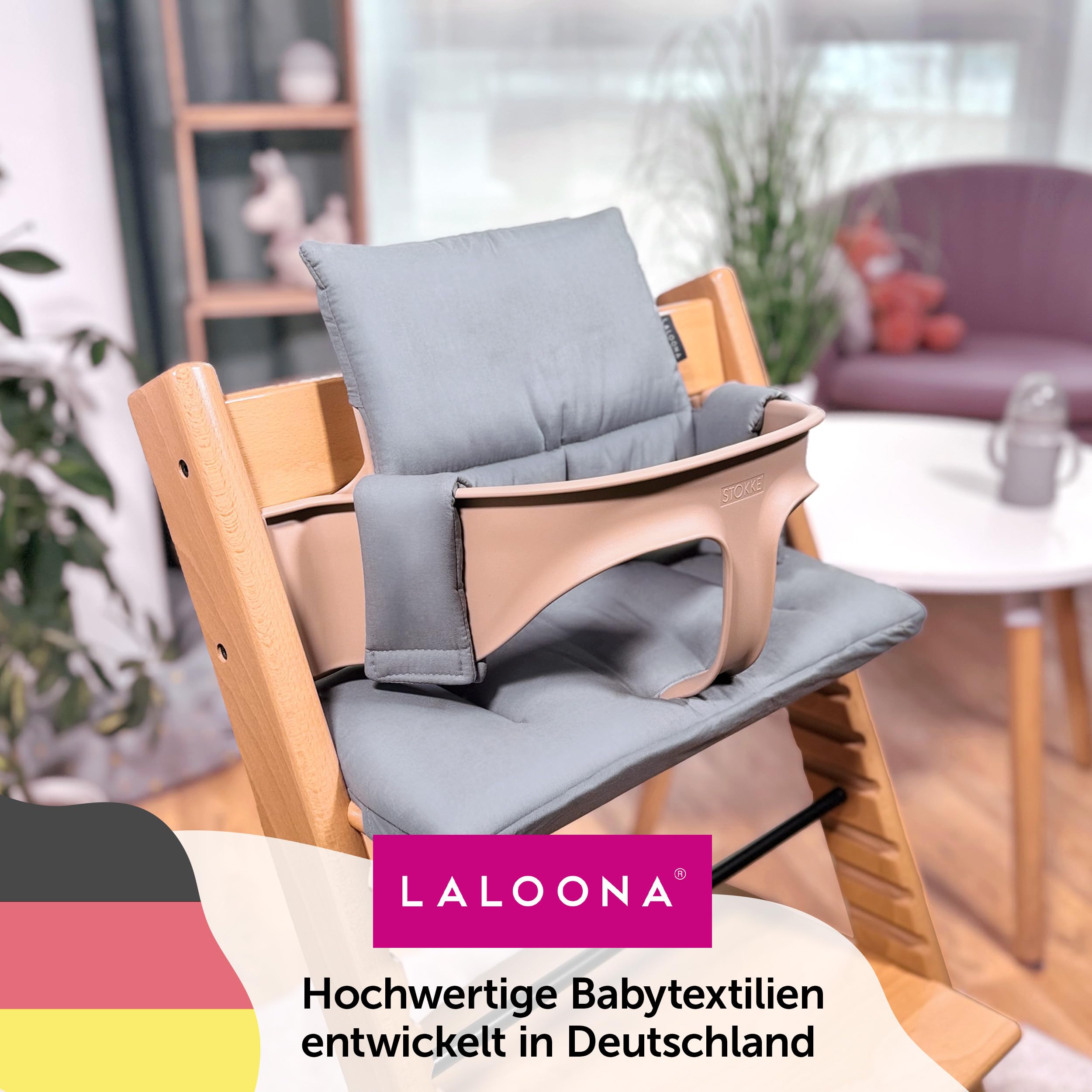 LaLoona Sitzauflage für Stokke Tripp Trapp - Grau beschichtet | 2 teiliges Sitzkissen / Hochstuhl Kissen abwaschbar, OEKOTEX Standard 100, maschinenwaschbar