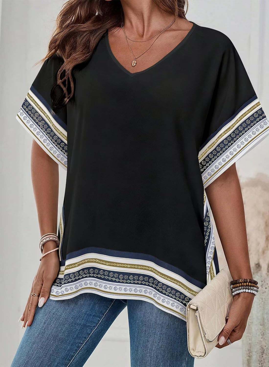 Falechay Womens Tops Batwing Short Sleeve V Neck Floral Flowy Boho Shirts