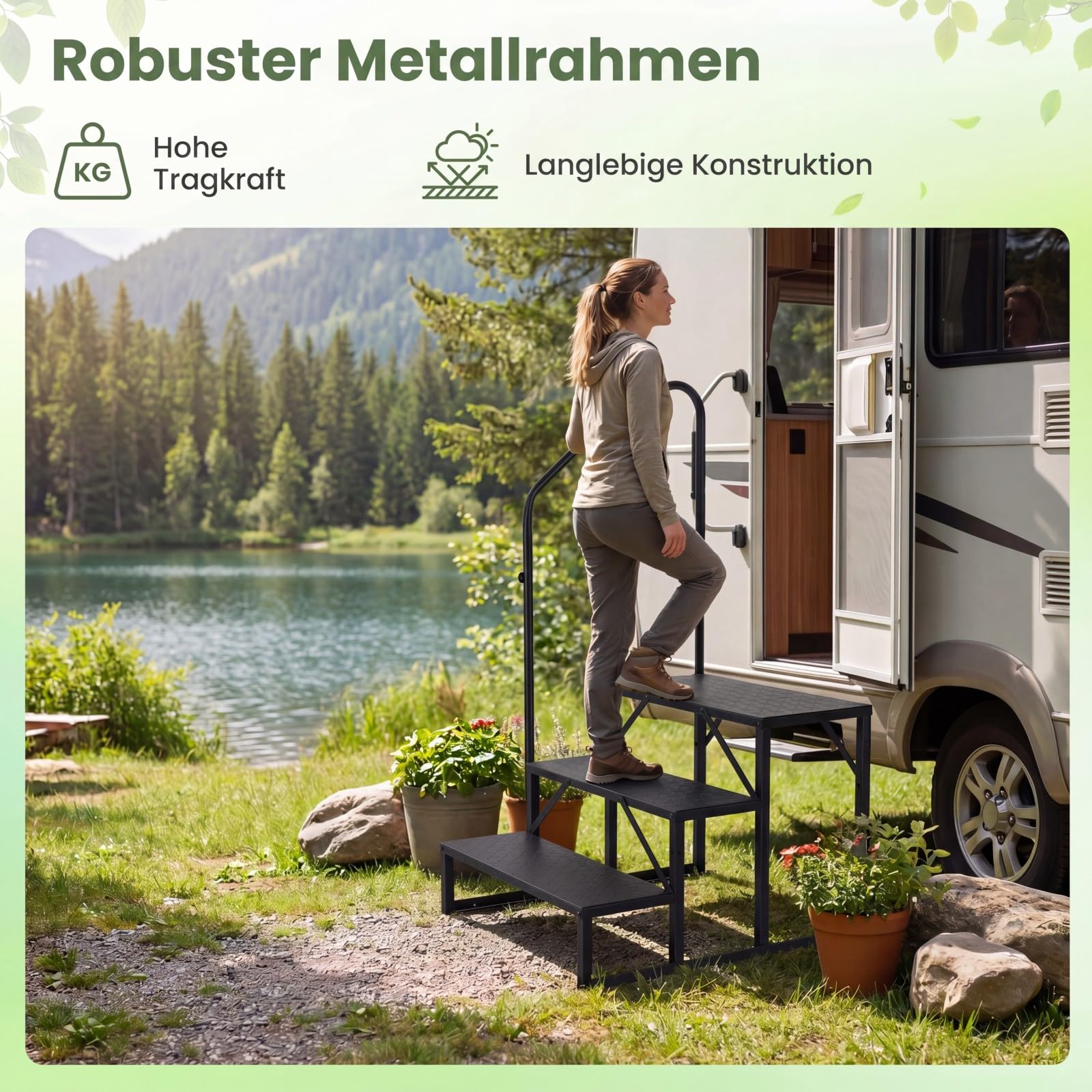 GYMAX 3-stufige Wohnmobil-Stufen, Wohnmobil-Treppe mit Handlauf & breite rutschfeste Plattform, tragbare Trittstufe aus Metall bis zu 300 kg belastbar, Outdoor Stufenleiter für Whirlpool & Veranda