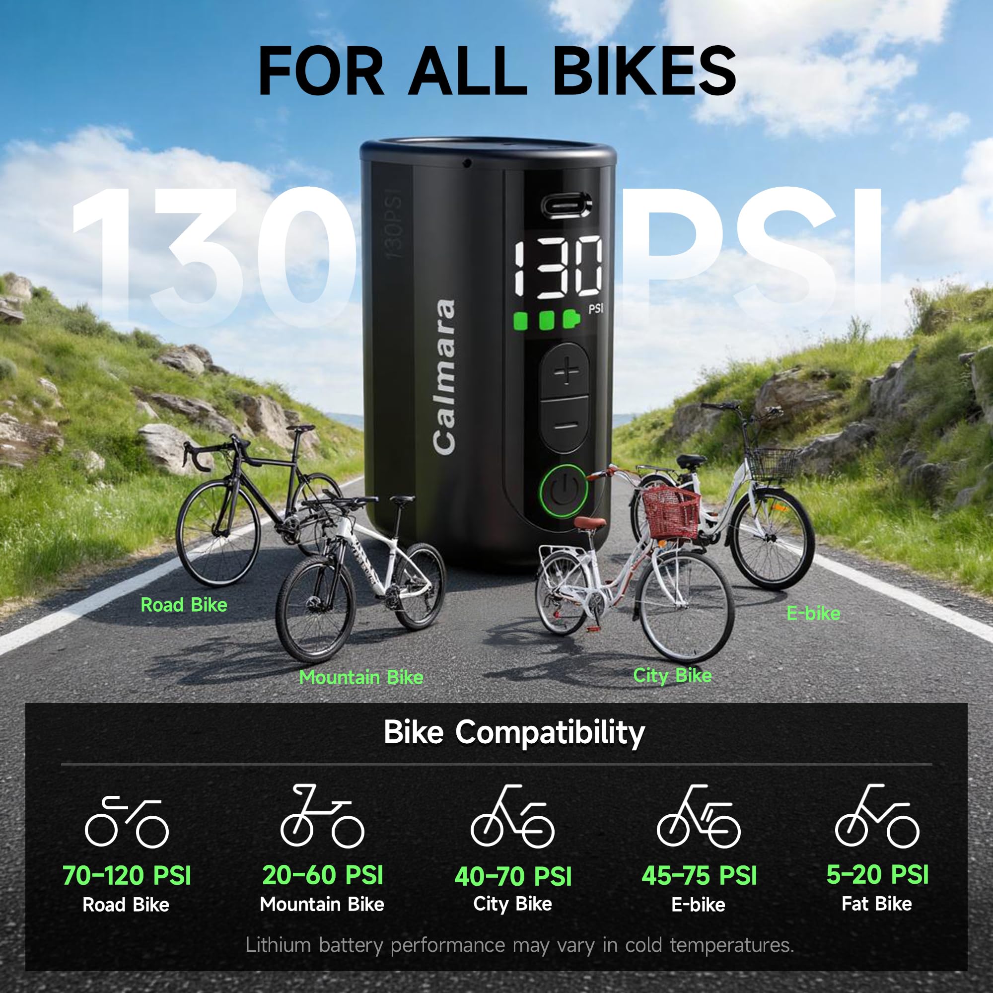 MY20 - Bomba eléctrica para bicicleta con manómetro, inflado rápido de 130 PSI, mini bomba de bicicleta con válvula Presta y Schrader, parada automática, bomba de aire recargable portátil para