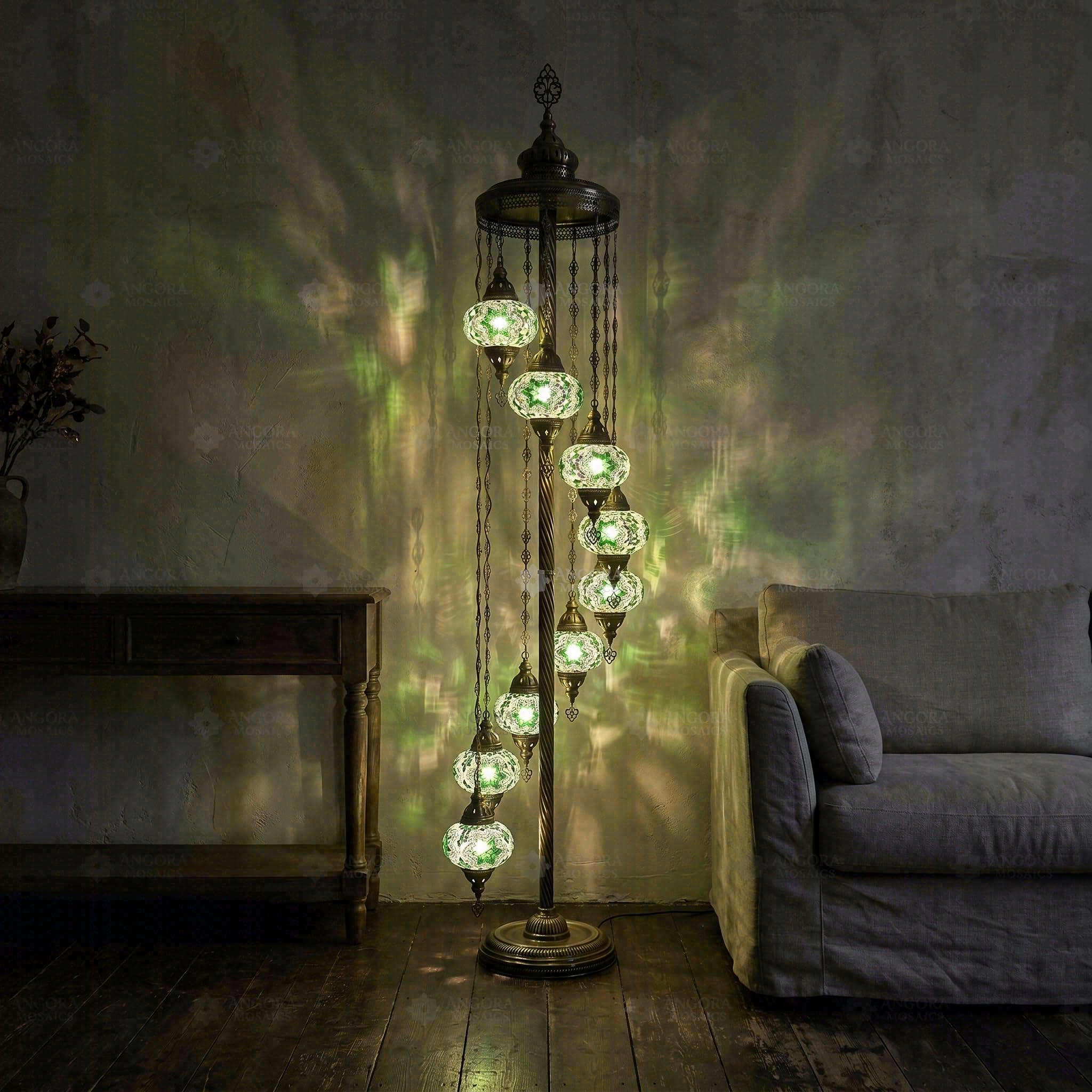 ENVA Lampada da terra verde a 9 globi - Lampada a mosaico turco - Motivo stella smeraldo - Lampada da terra bohémien marocchina, finitura in ottone anticato